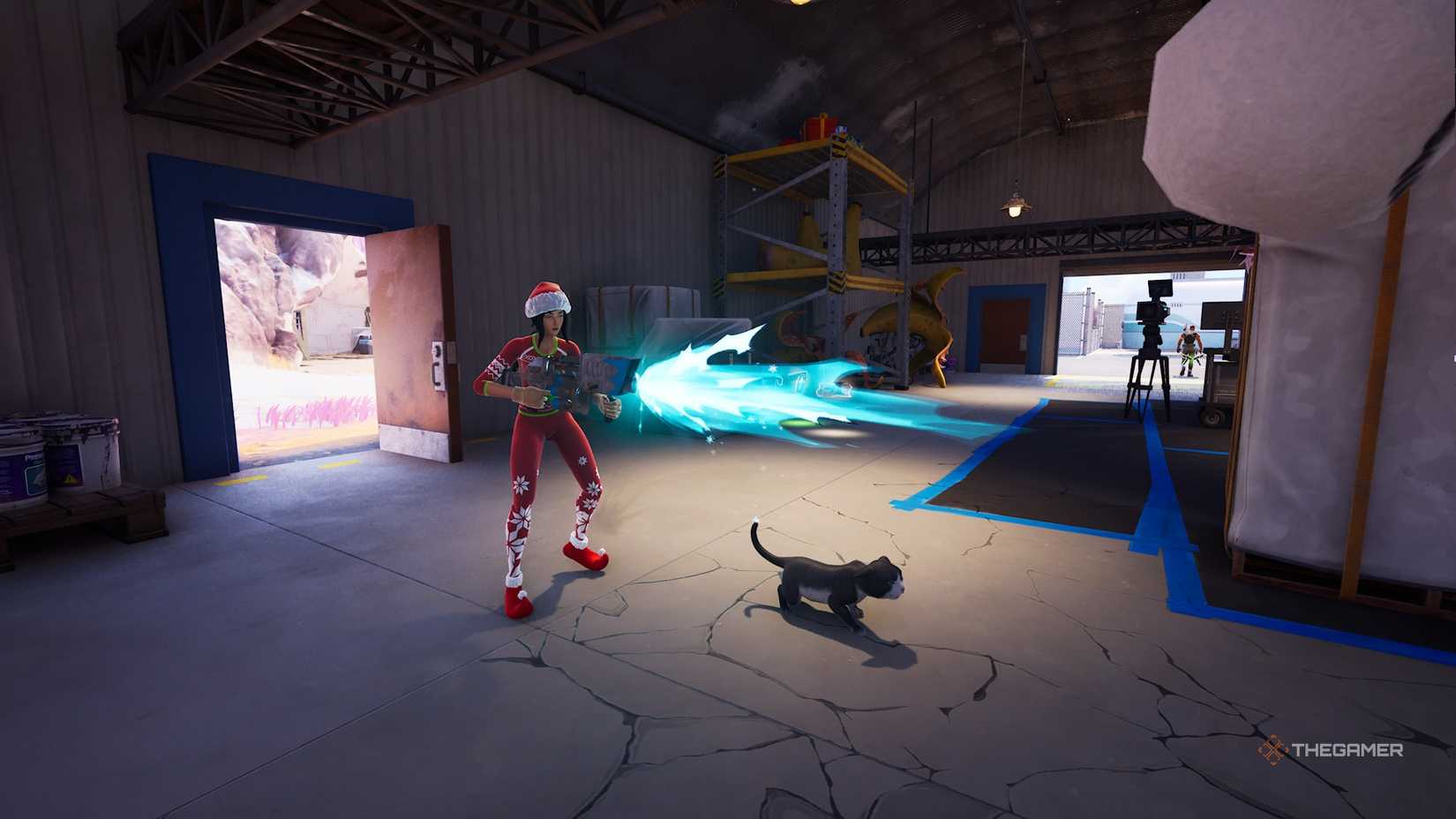 Fortnite celebration character shooting snowball launcher.