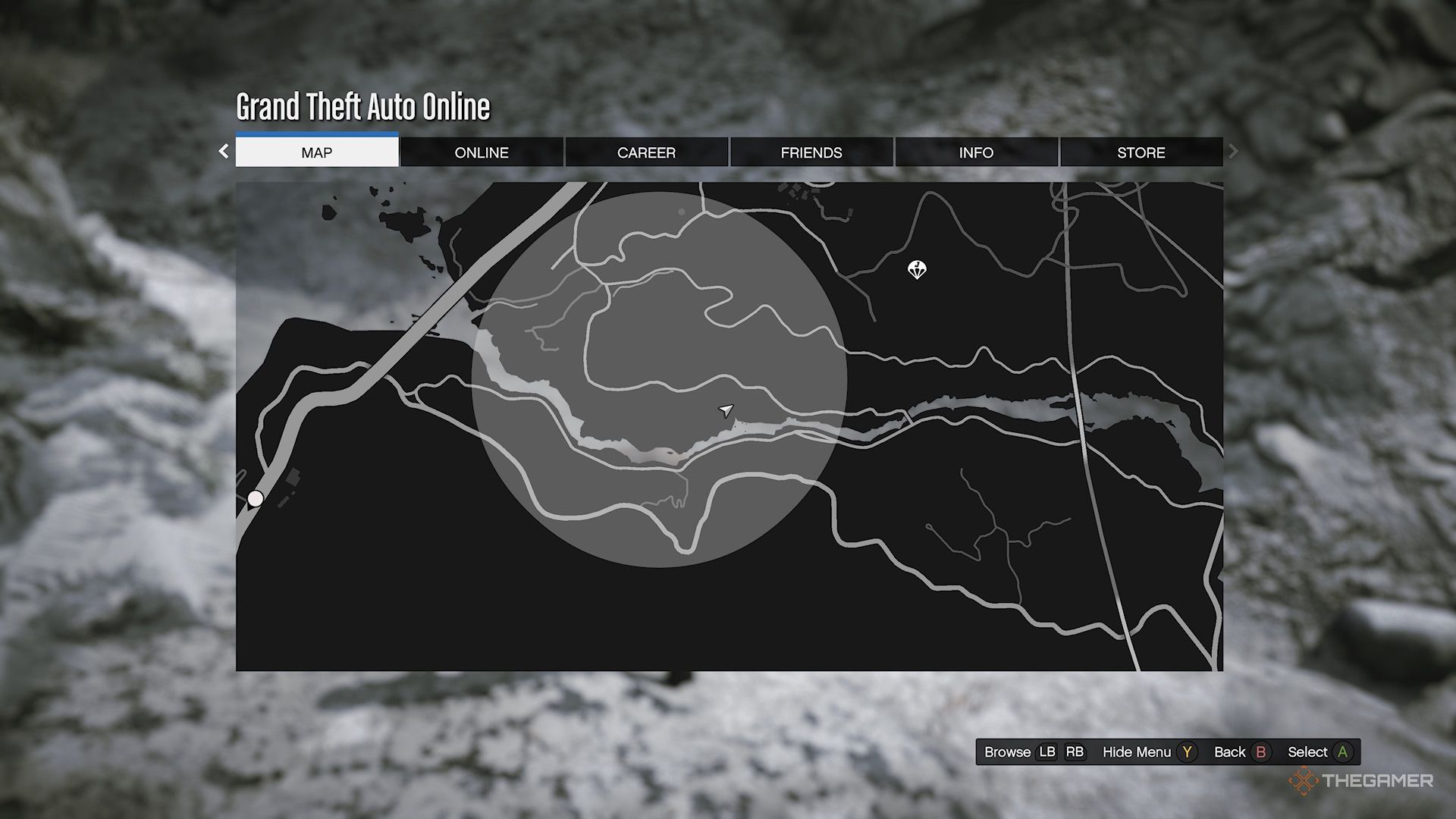 GTA Online map showing circle area to search for yeti and clues.