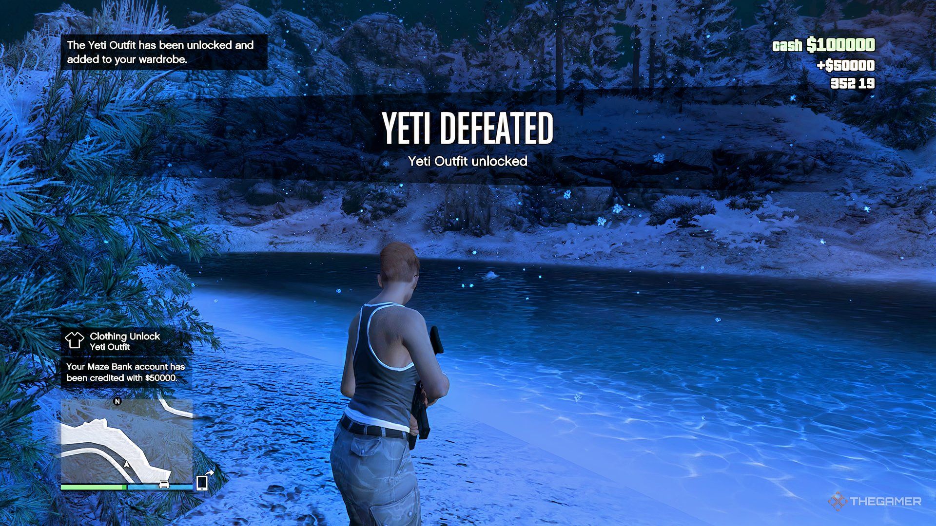 GTA Online yeti defeated with a rocket launcher in a river.