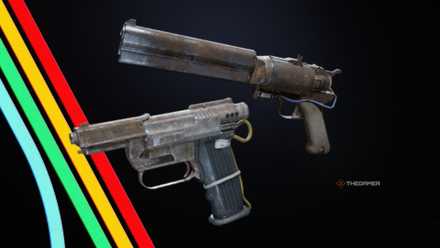 Arc Raiders' guns in front of a rainbow background.