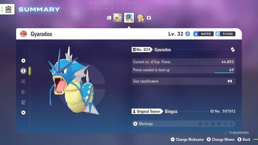 Gyarados on the Summary page in Pokemon Legends ZA.