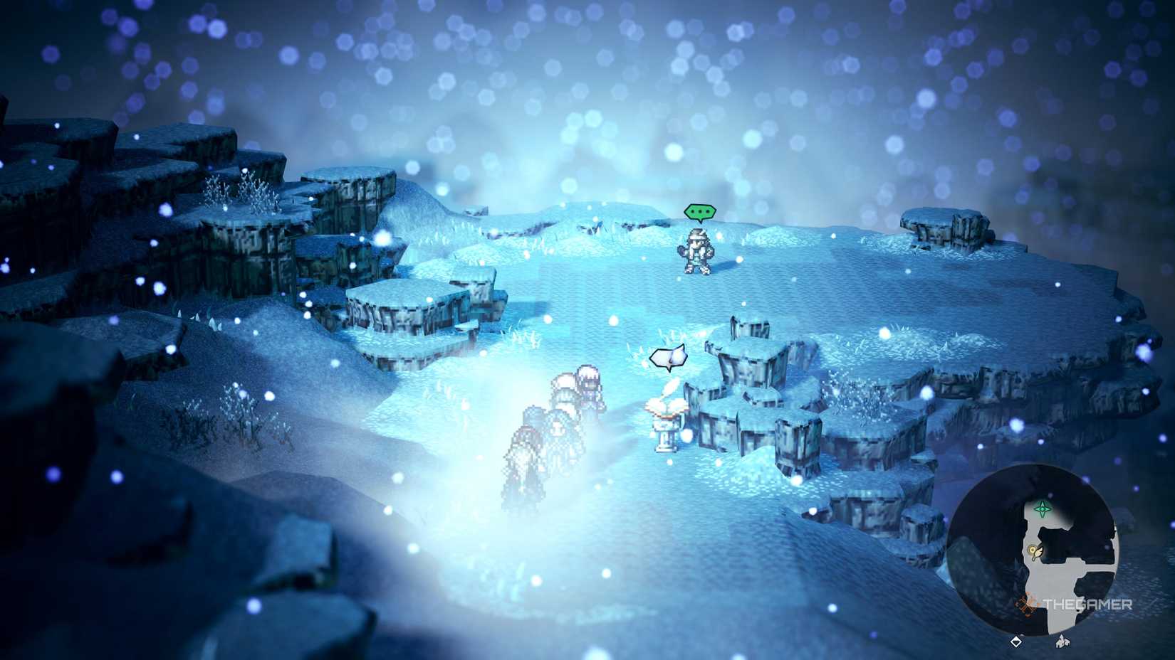The party encounters a hunter in the snow in Octopath Traveler 0.