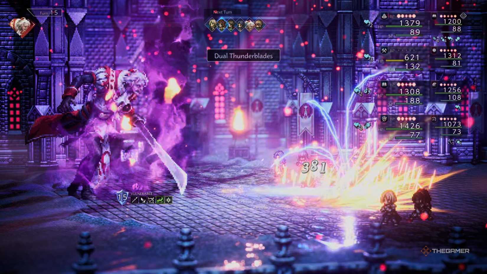 Commander Titos wields Dual Thunderblades against the party in Octopath Traveler 0.