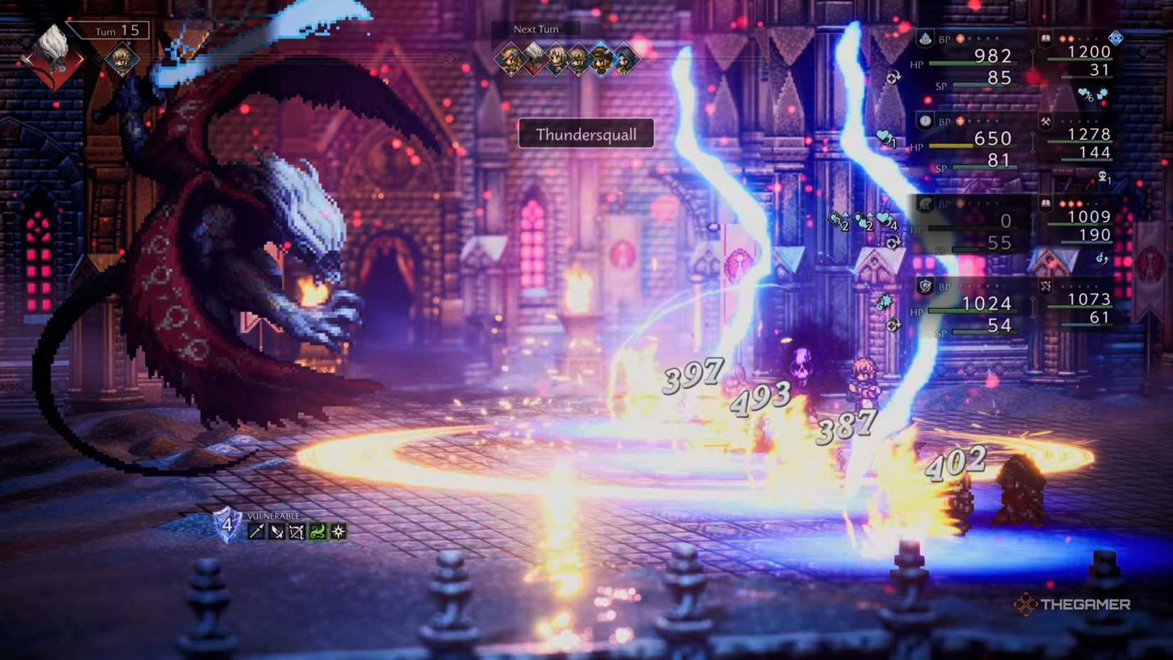 Tytos the Thunderblade uses Thundersquall on Octopath Traveler 0 .