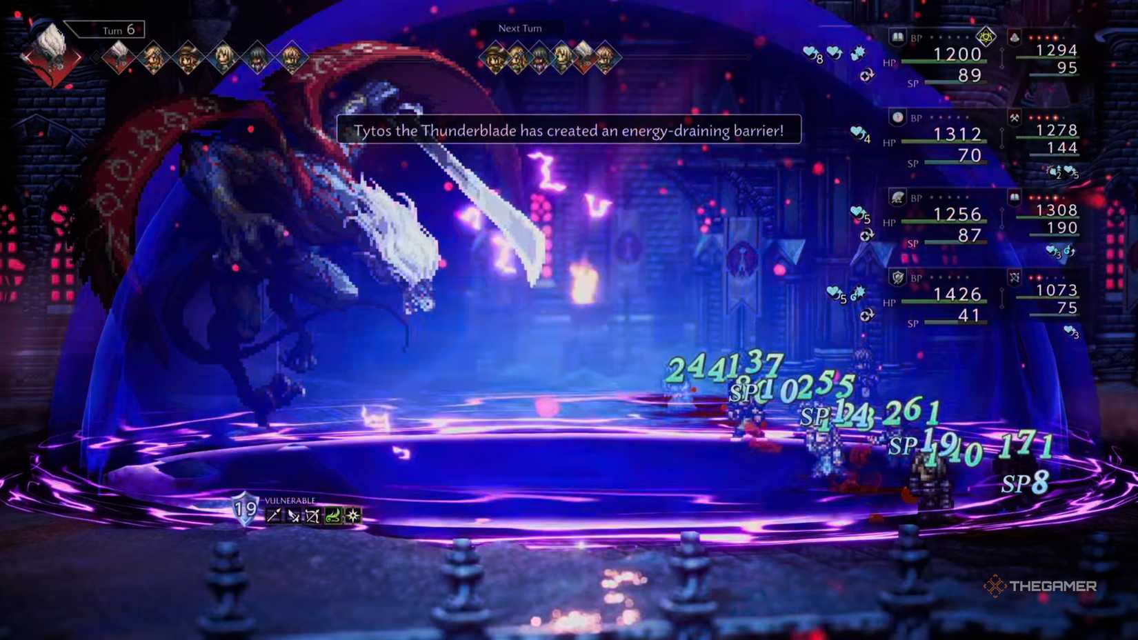 Titos Thunderblade Cast and Energy Drain Shield on Octopath Traveler 0.