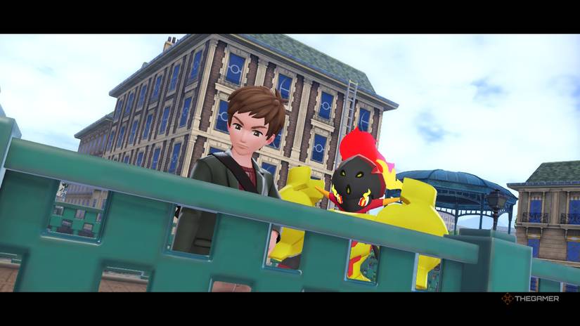 Arden and Armarouge look over the edge of a bridge in Pokemon Legends: ZA.