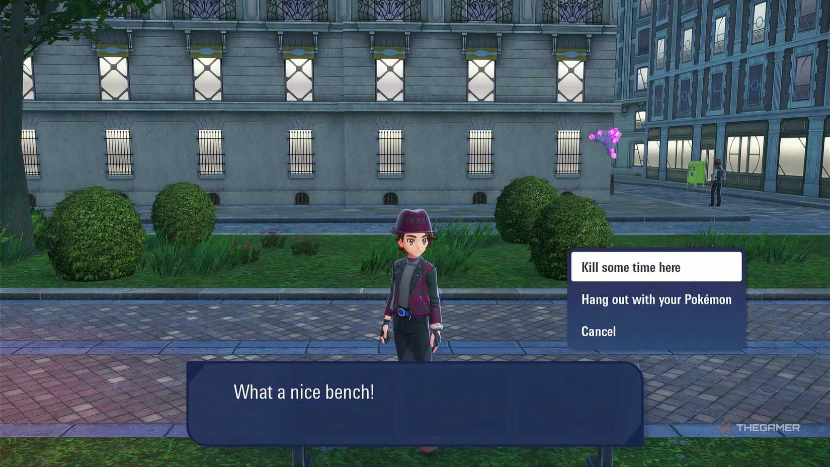 Killing time on the bench in Pokemon Legends: ZA to re-fit spawns for Spoink and Grumpig.