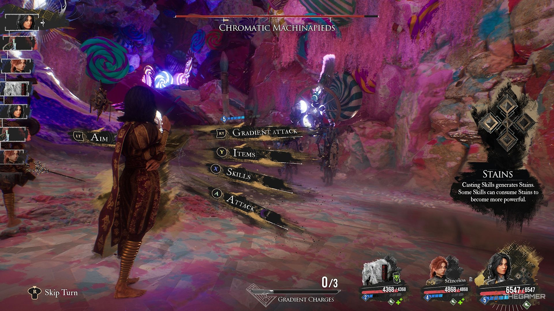 Lune fighting the Chromatic Machinepieds in Clair Obscur Expedition 33.