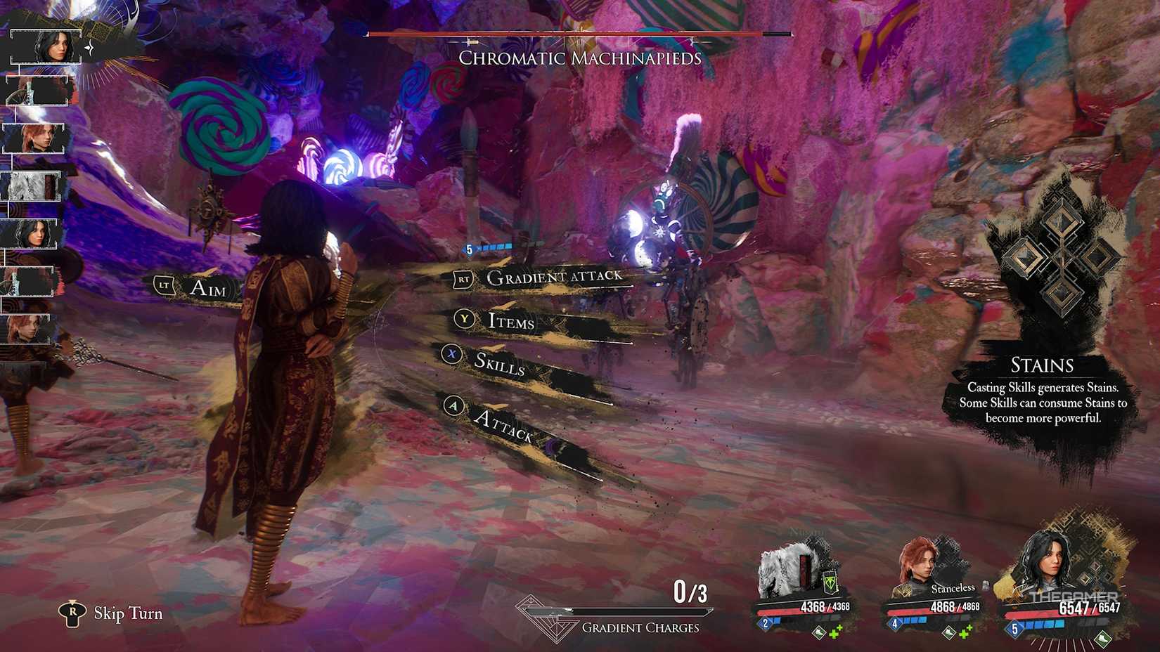 Lune fighting the Chromatic Machinepieds in Clair Obscur Expedition 33.