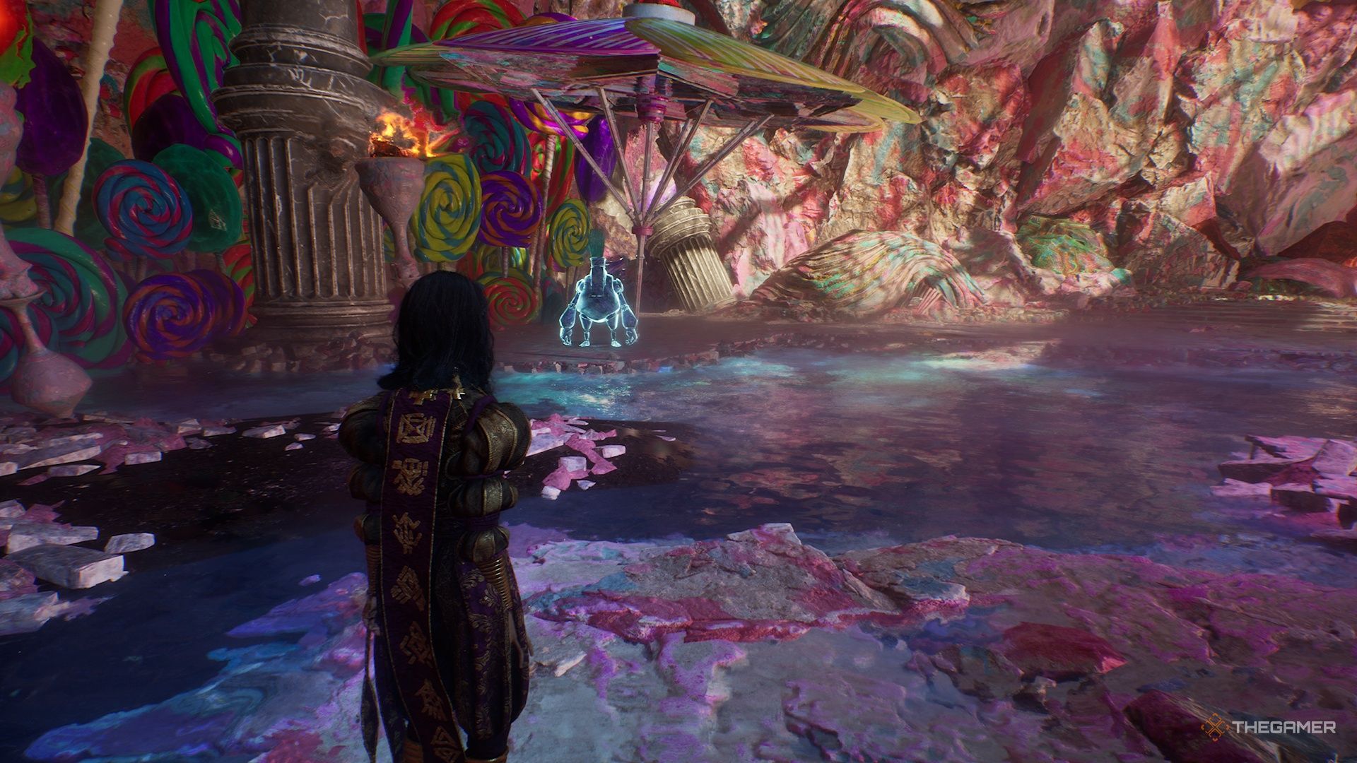 Lune looking over at Monsieur Frappe in Clair Obscur Expedition 33.