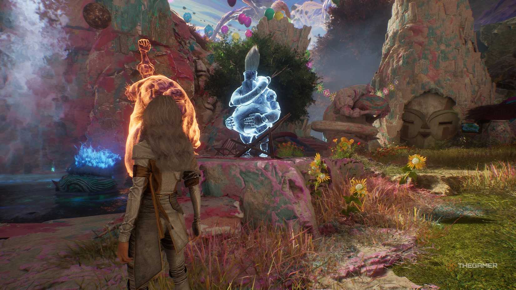 Maelle looking at a blue lifeguard in Clair Obscur Expedition 33.