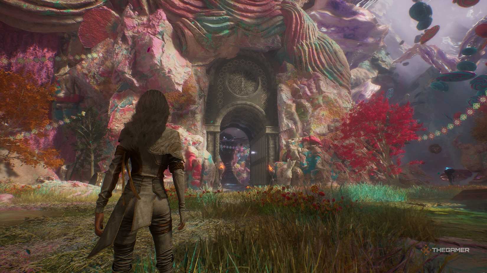 Maelle looking at a grey archway in Clair Obscur Expedition 33.