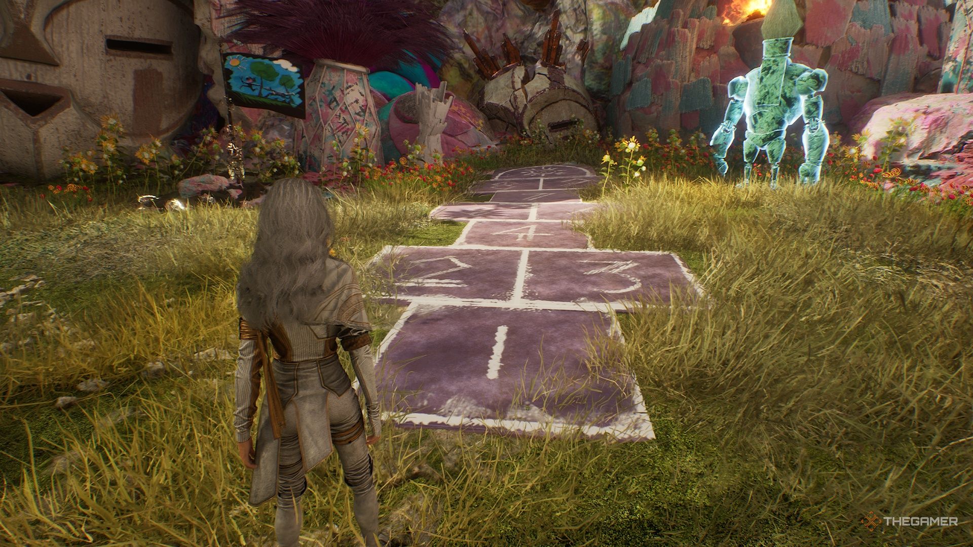 Maelle looking at a hopscotch in Clair Obscur Expedition 33.