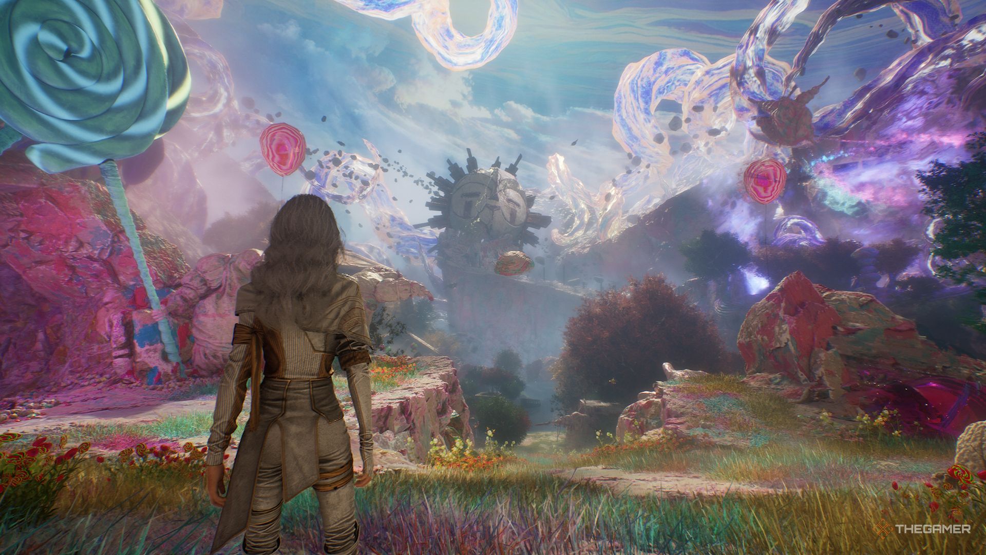 Maelle looking at mountain containing Osquio's head in Clair Obscur Expedition 33.