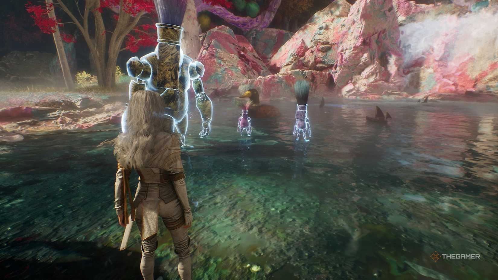 Maelle looking at some Gestrals in the water in Clair Obscur Expedition 33.