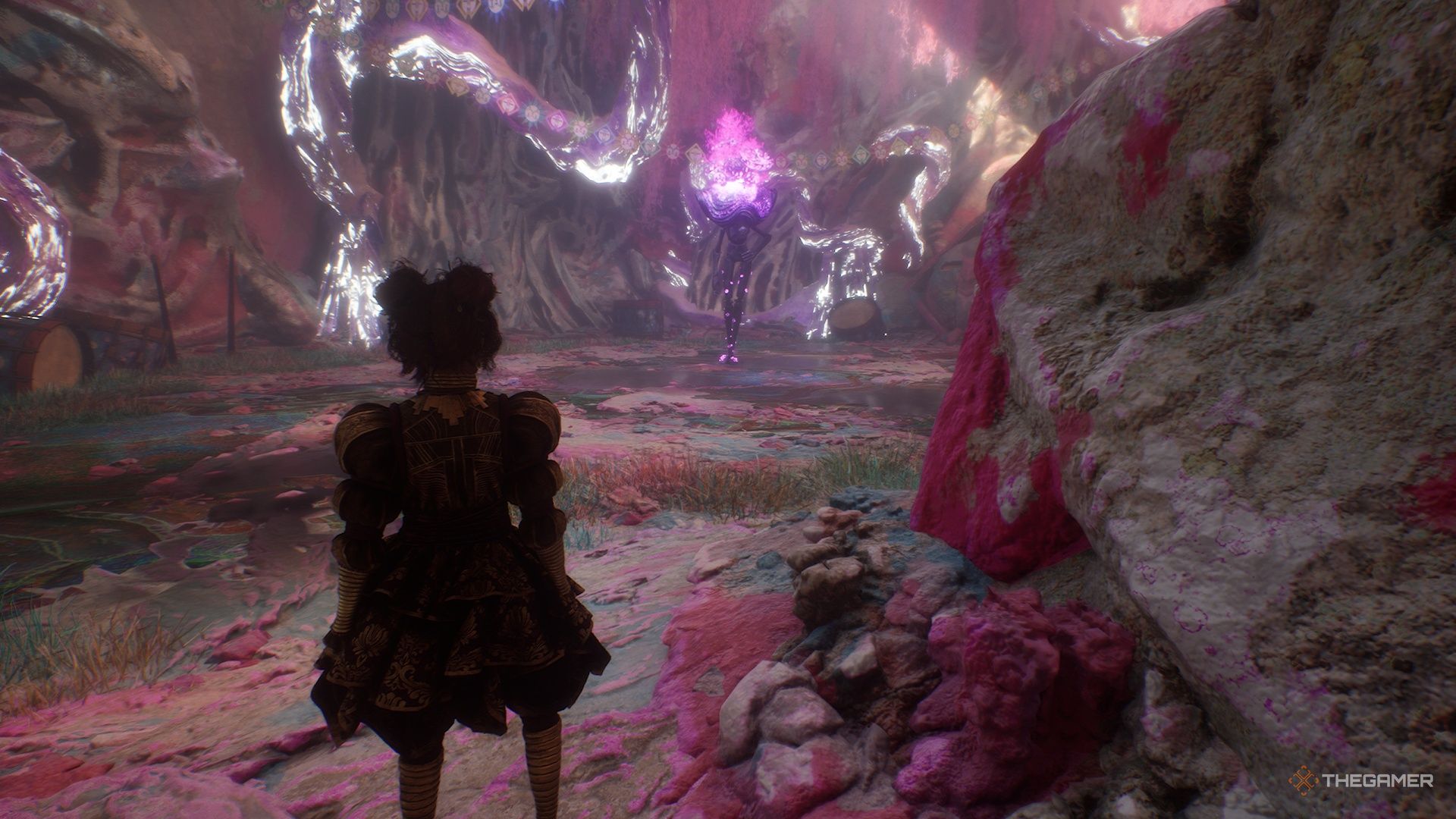 Maelle looking over at the Chromatic Franctale in Clair Obscur Expedition 33.