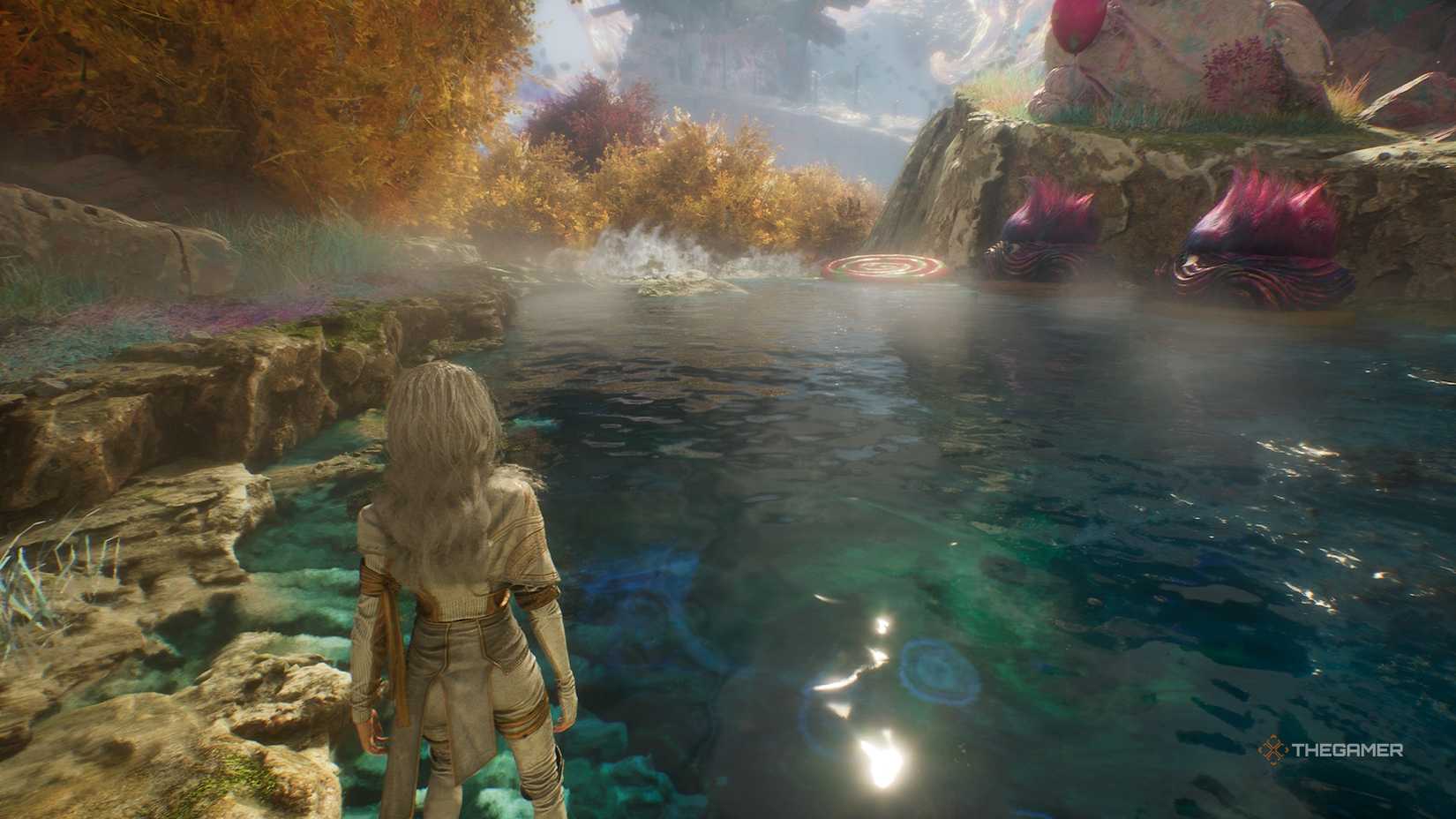 Maelle looking toward a waterfall in Clair Obscur Expedition 33.