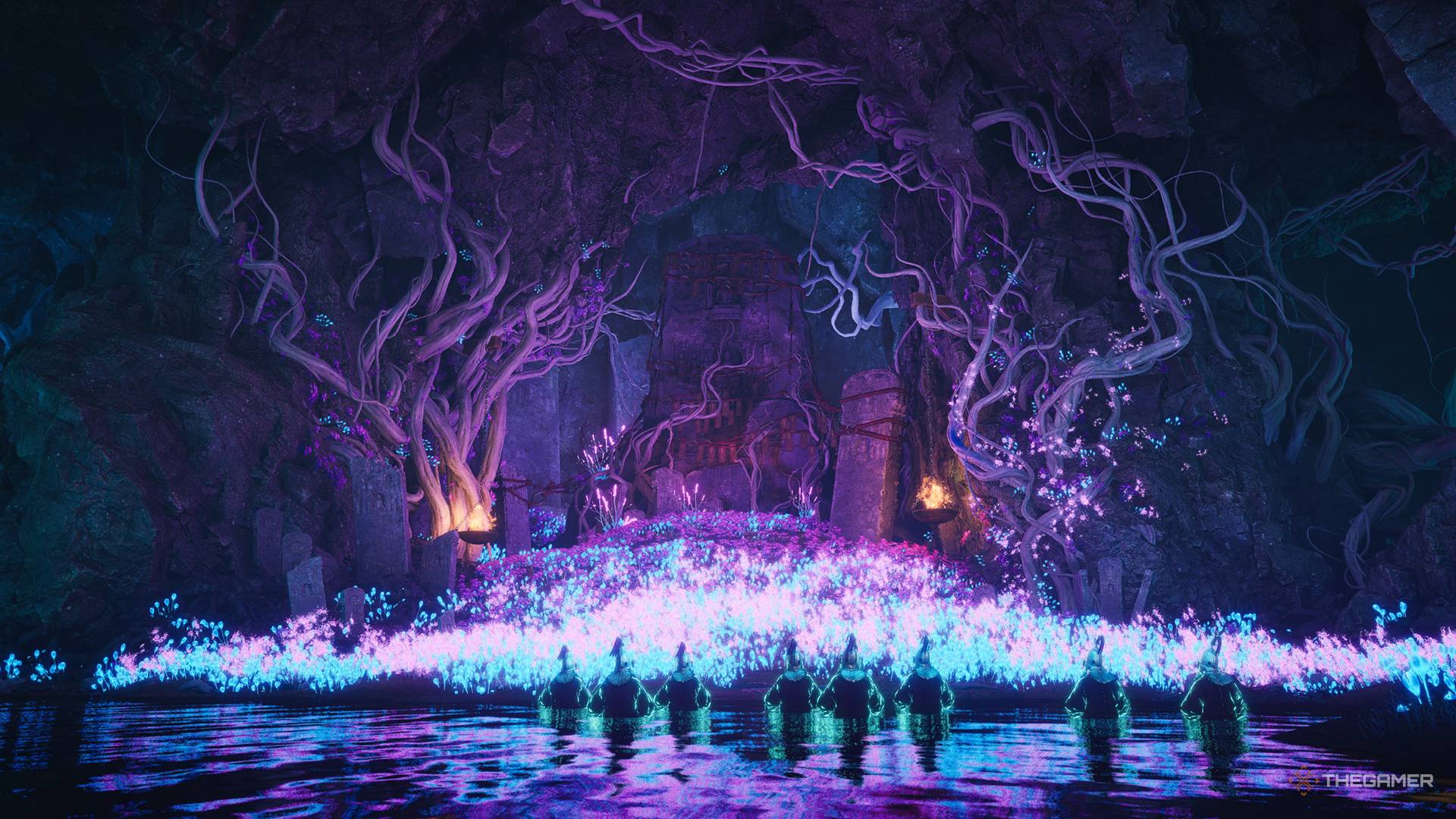 Spirits and glowing trees in Where Winds Meet.