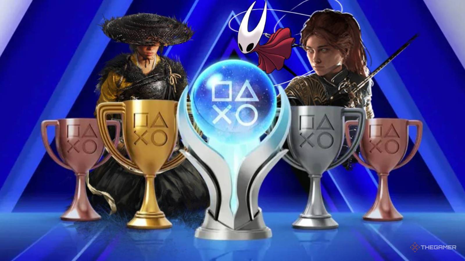 atsu hornet and maelle behind some playstation trophies.