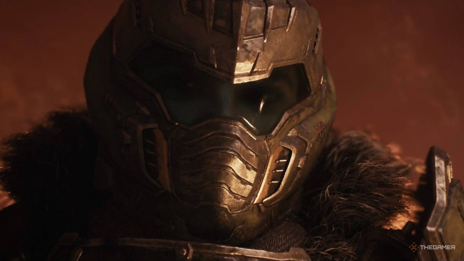 close up of doomguy in doom the dark ages.