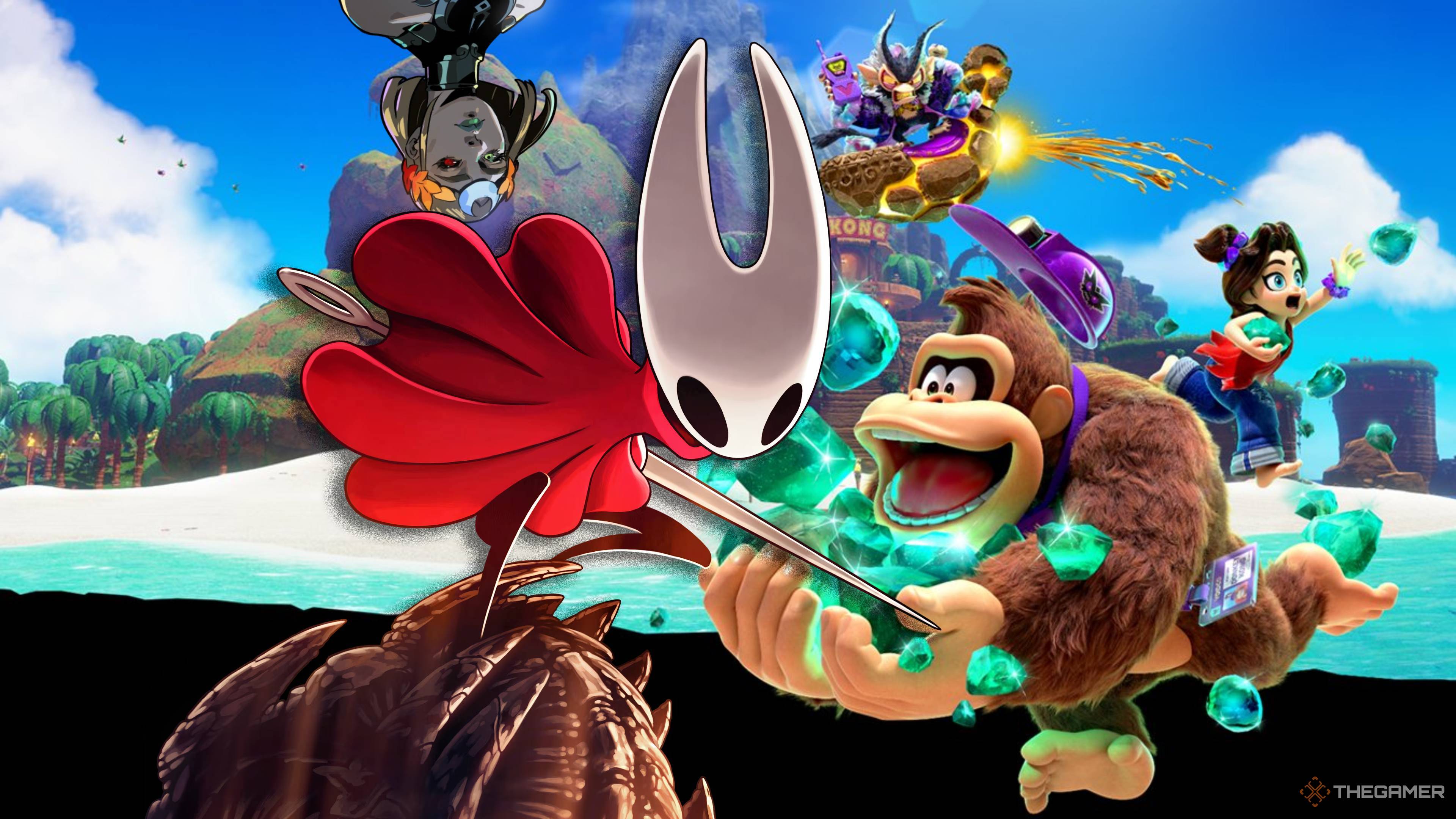 hornet from hollow knight silksong and melinoe from hades 2 in donkey kong banaza s emerald isle.