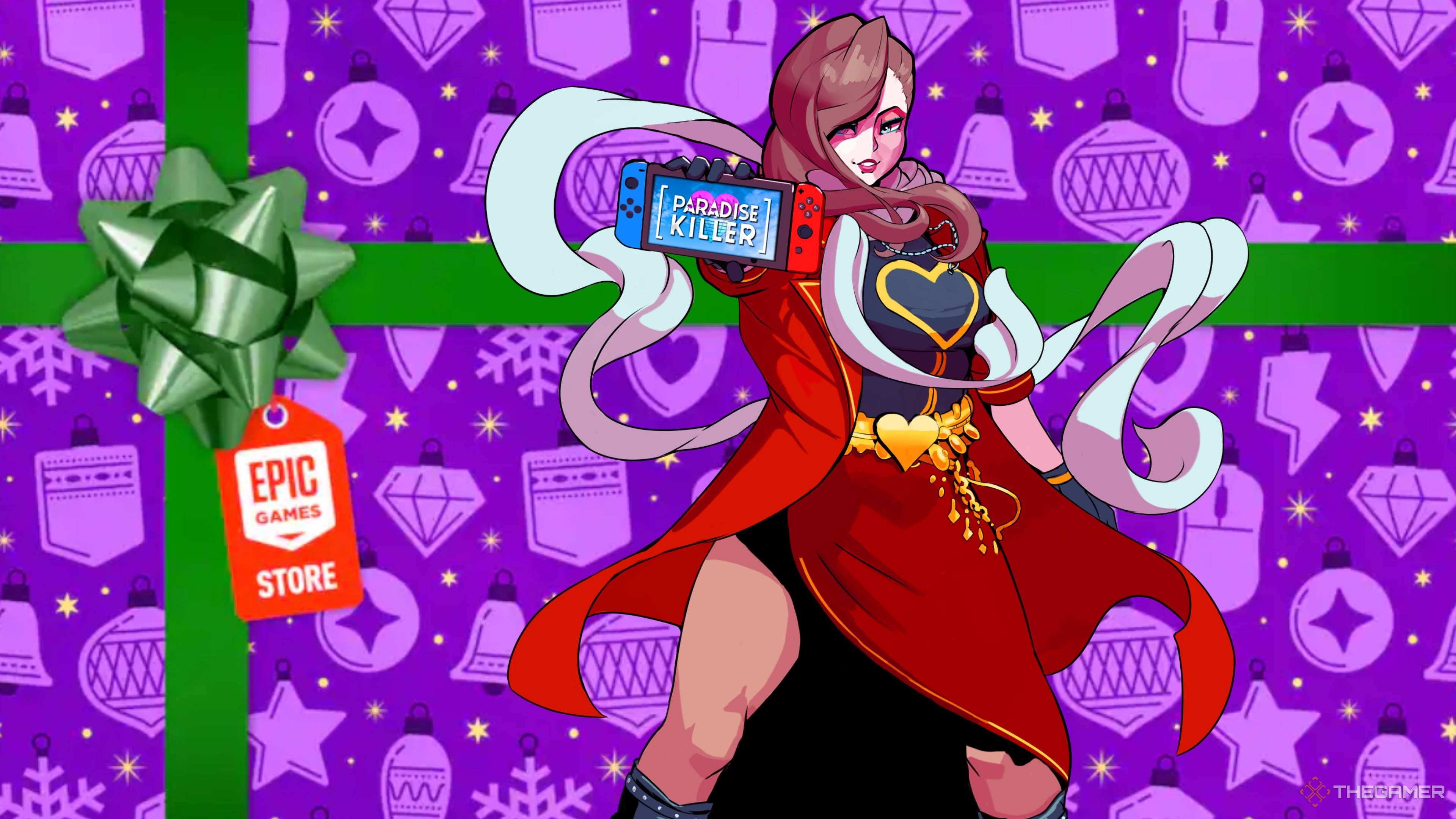 paradise killer character holding a nintendo switch in front of an epic games store present.
