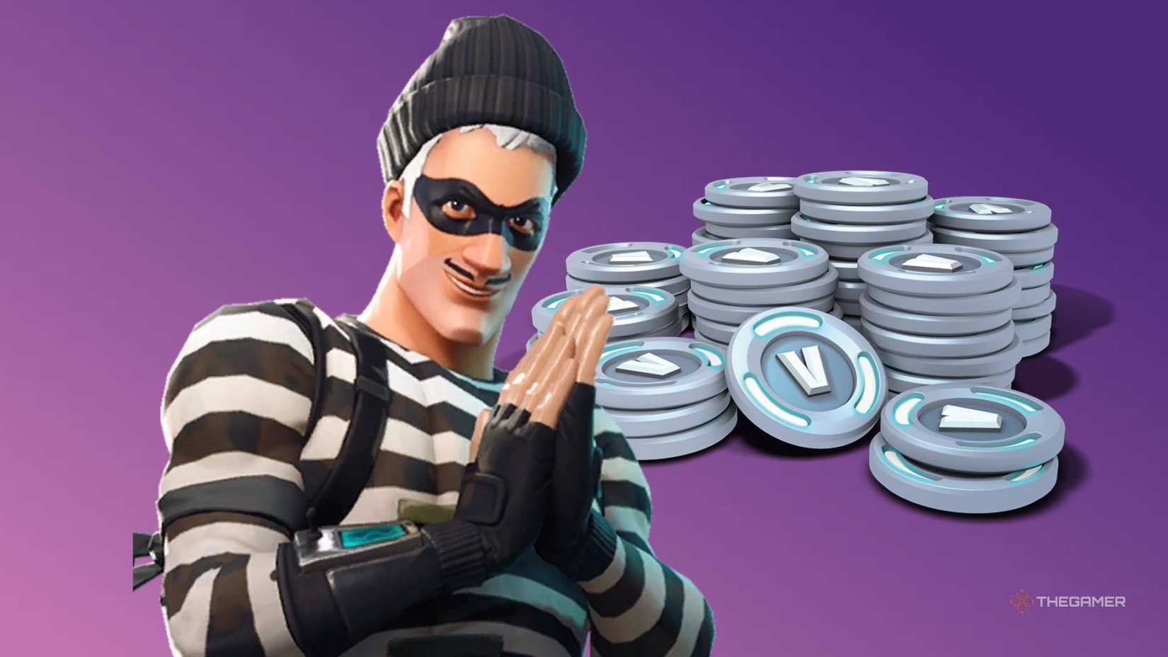 fortnite thief rubbing his hands in front of some v-bucks.