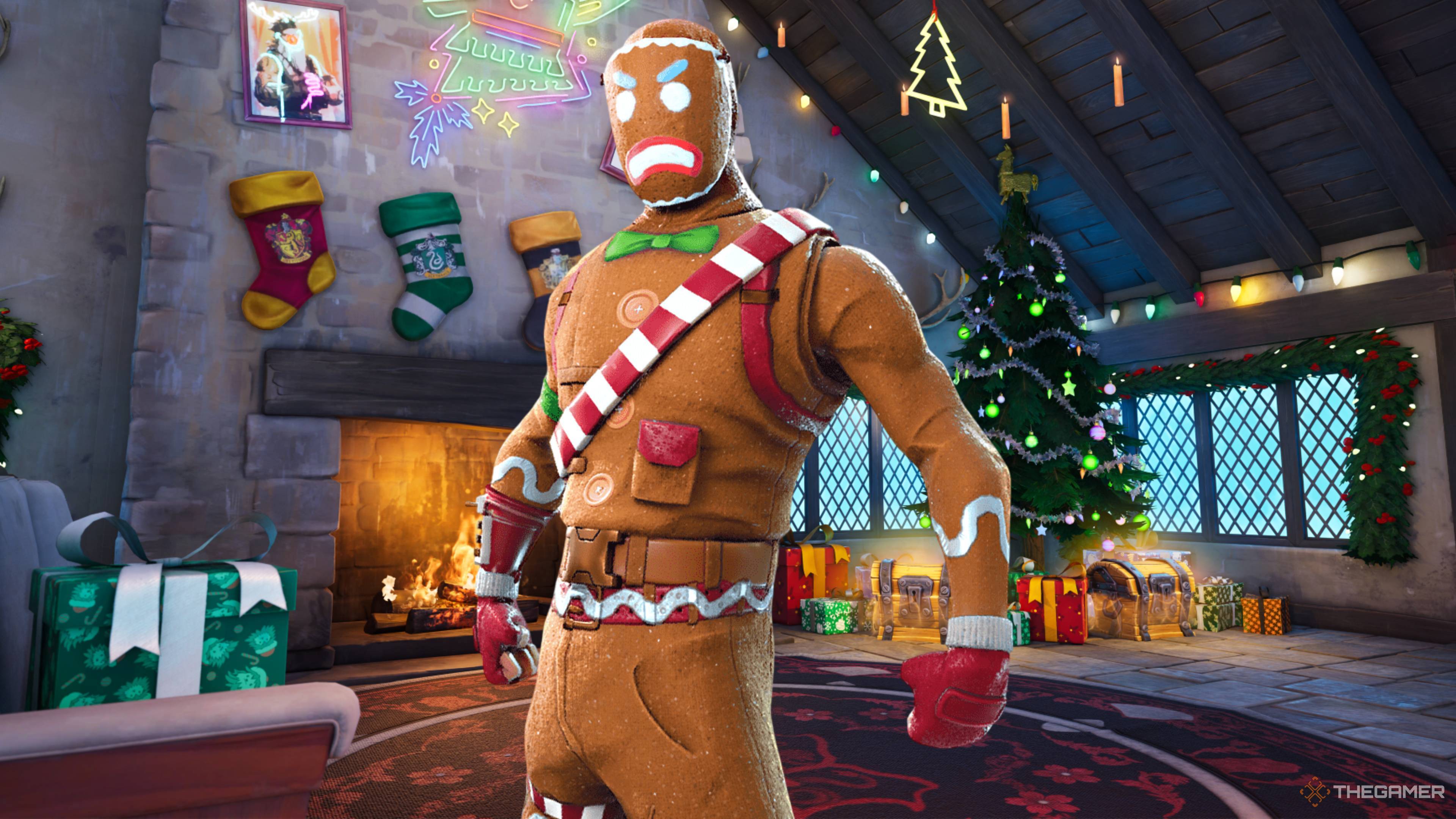 angry fortnite gingerbread man in front of the fortnite winterfest backdrop.