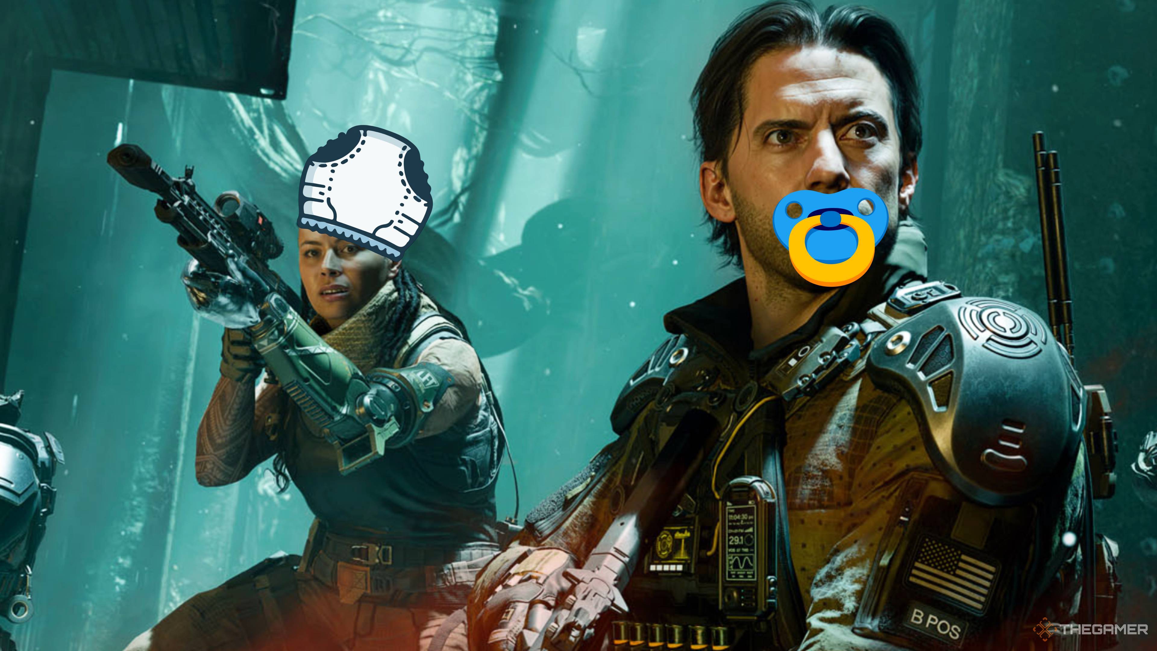 call of duty characters sucking a dummy and wearing a nappy on their head.