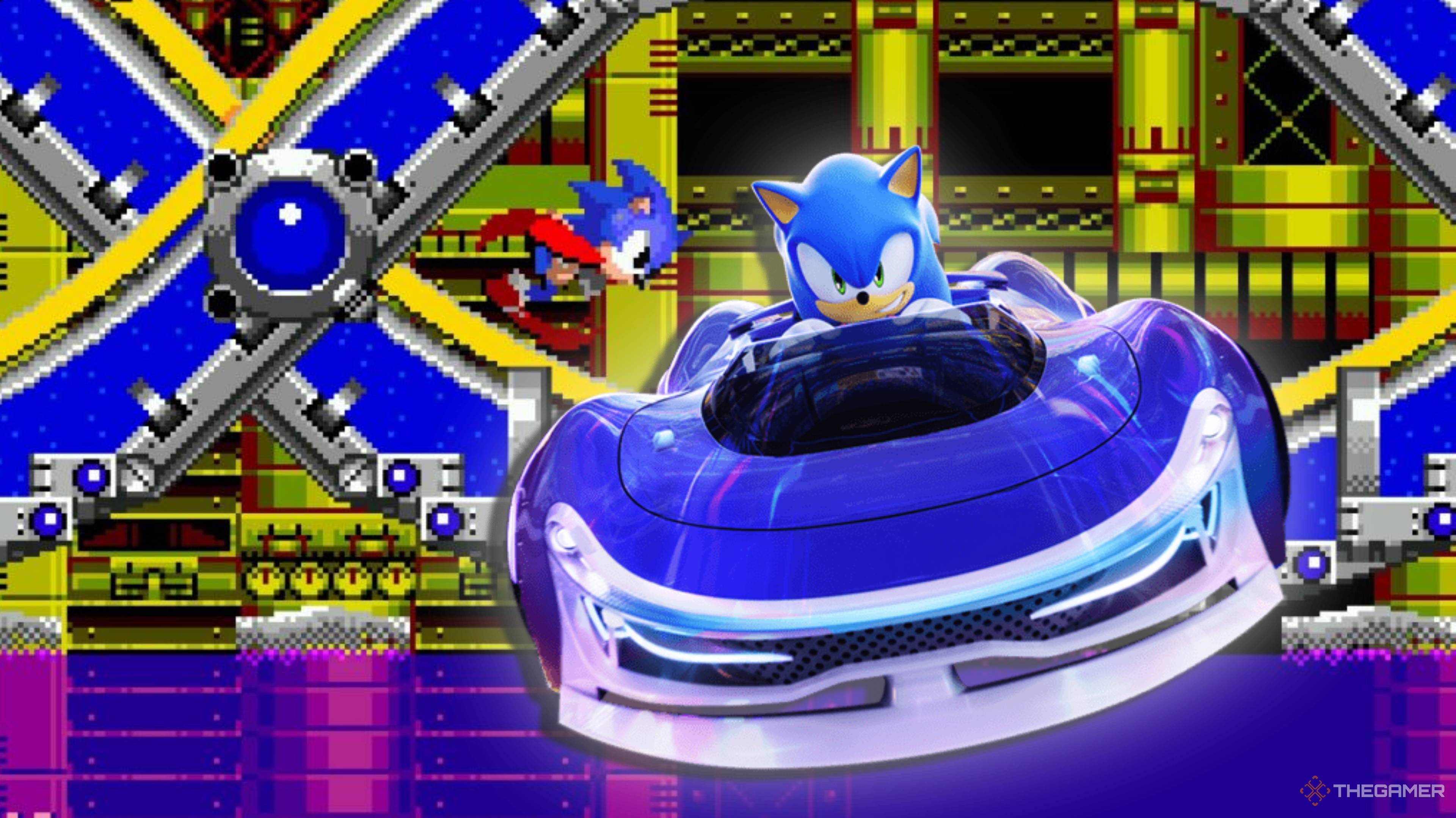 sonic from crossworlds racing through chemical plant zone.