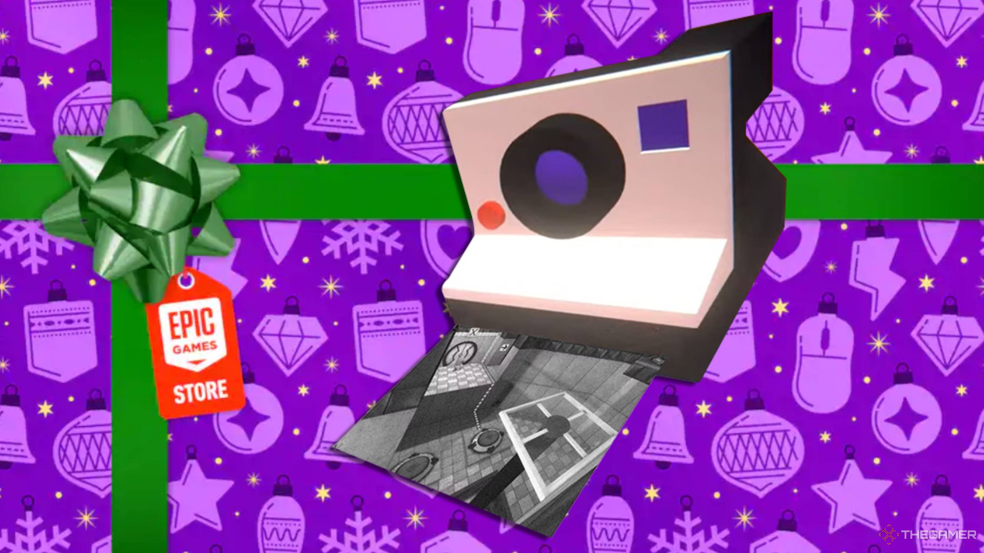 viewfinder camera on an epic games gift wrapped present.
