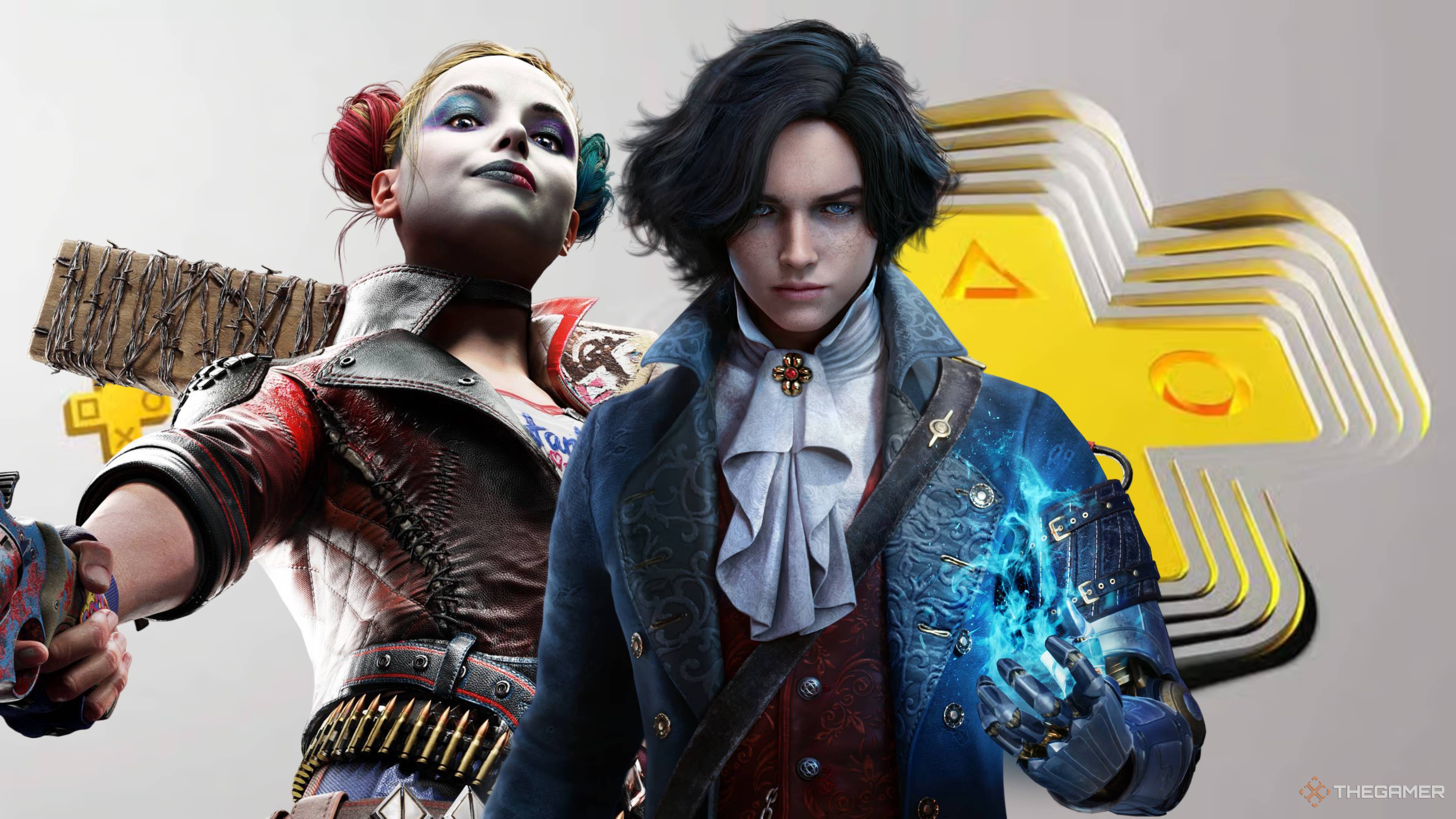harley quinn and pinocchio next to a ps plus logo.
