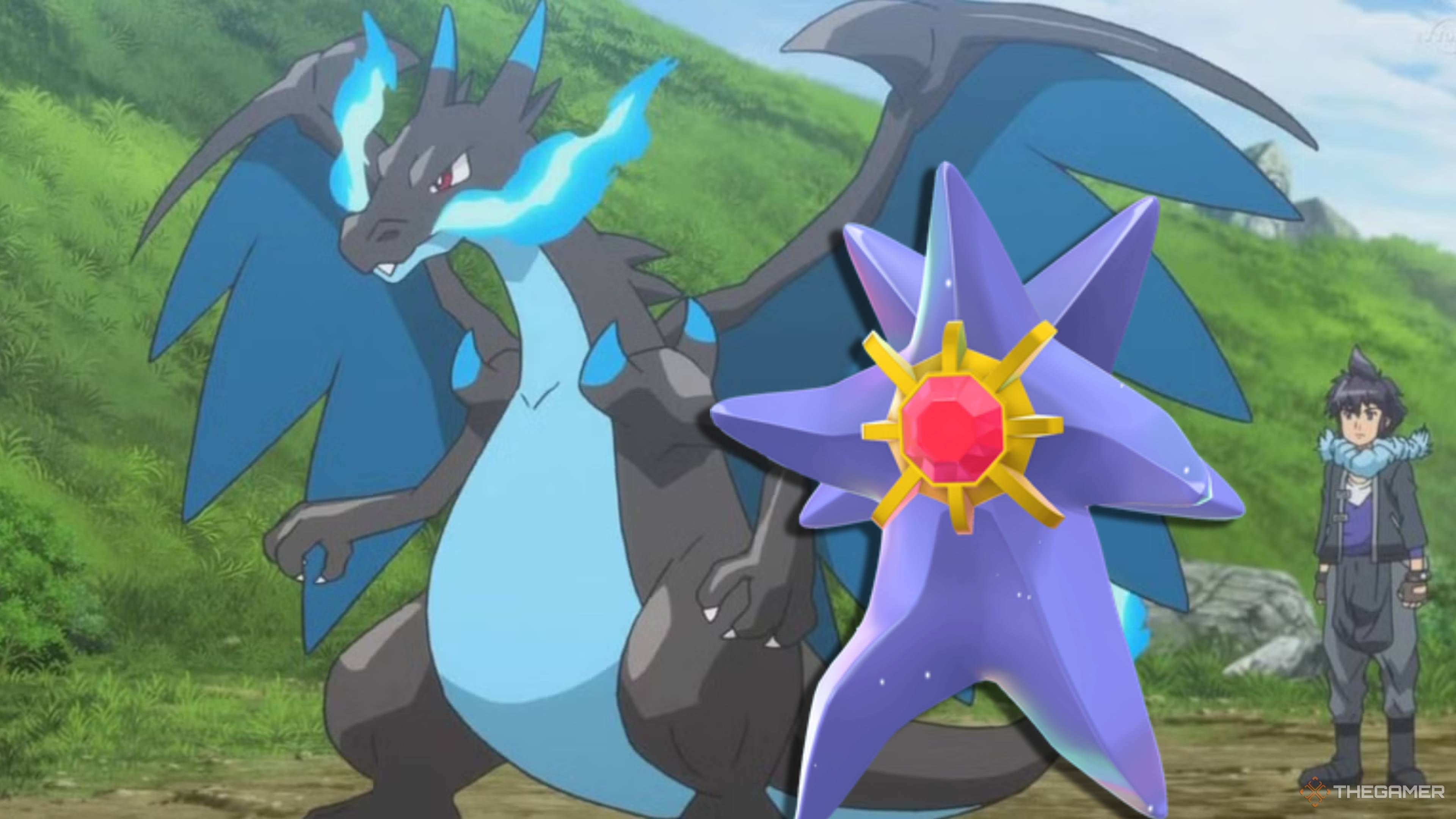 mega starmie walking in front of a mega charizard x.