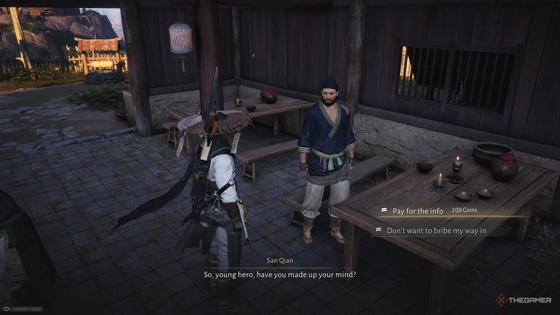The player buying intel from the waiter in Harvestfall Village in Where Winds Meet.
