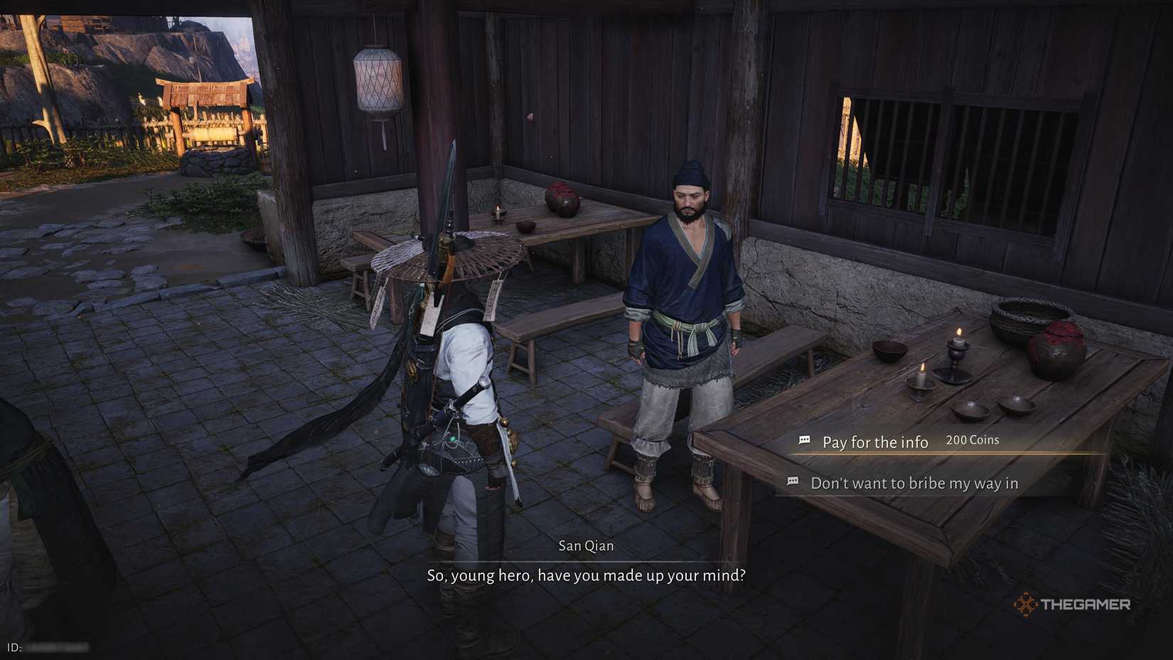 Player buying information from the waiter in Harvestfall Village in Where Winds Meet.