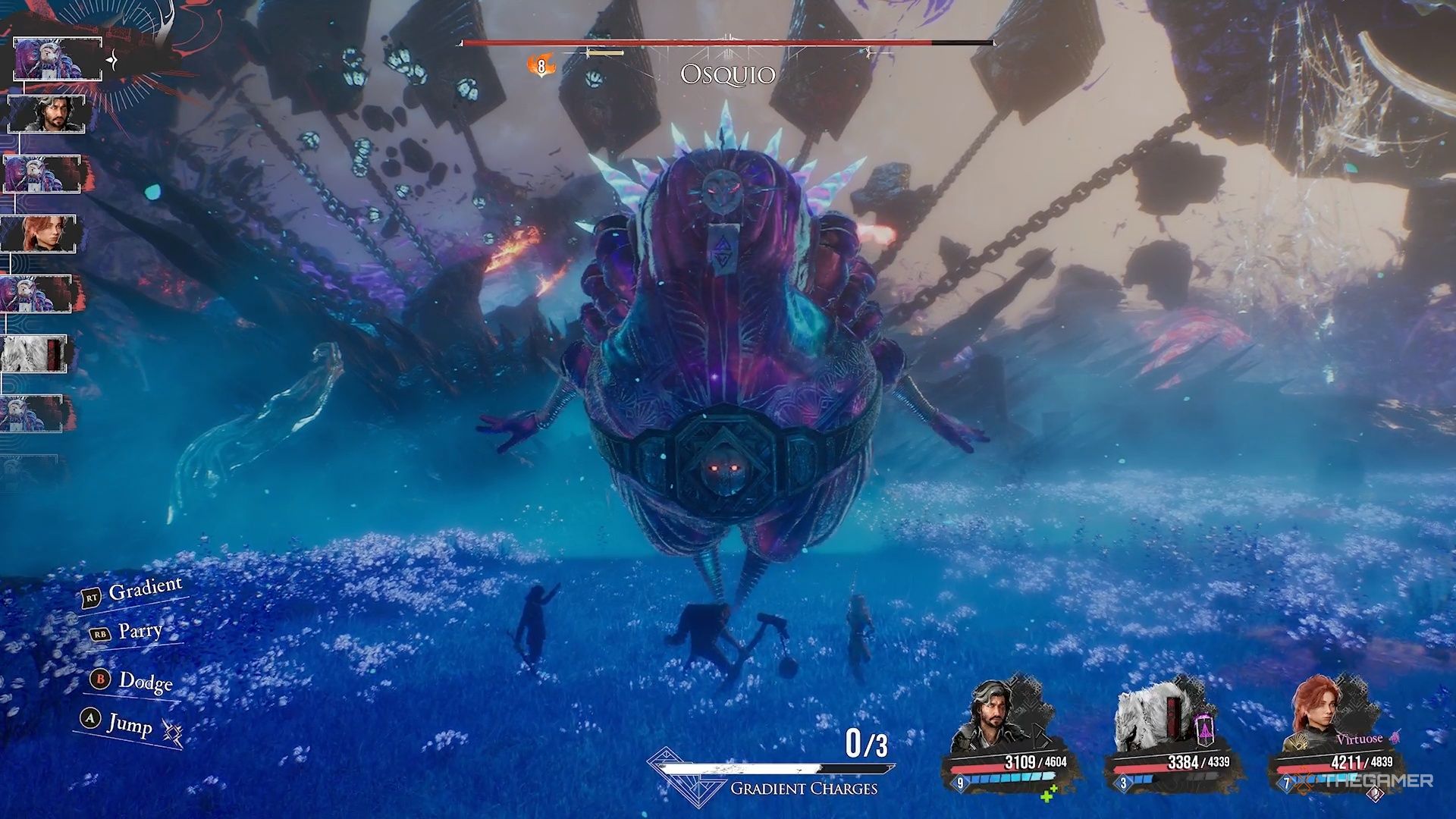 Osquio floating over party before he attacks in Clair Obscur Expedition 33.