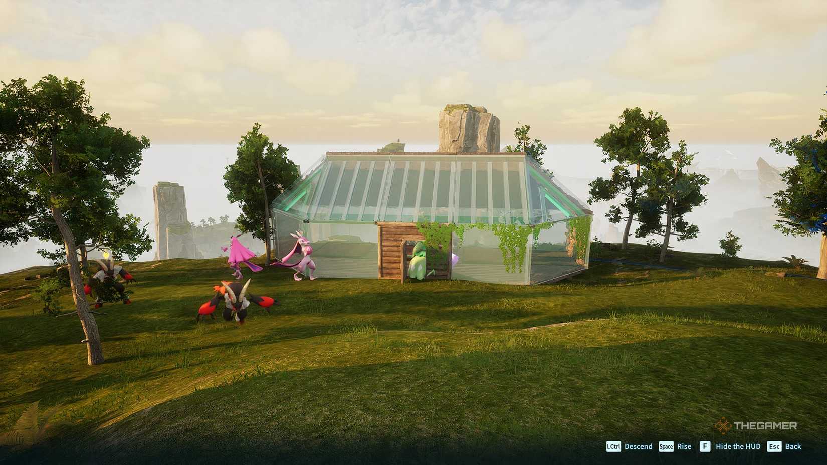 Palworld glass and wood greenhouse in the forest.