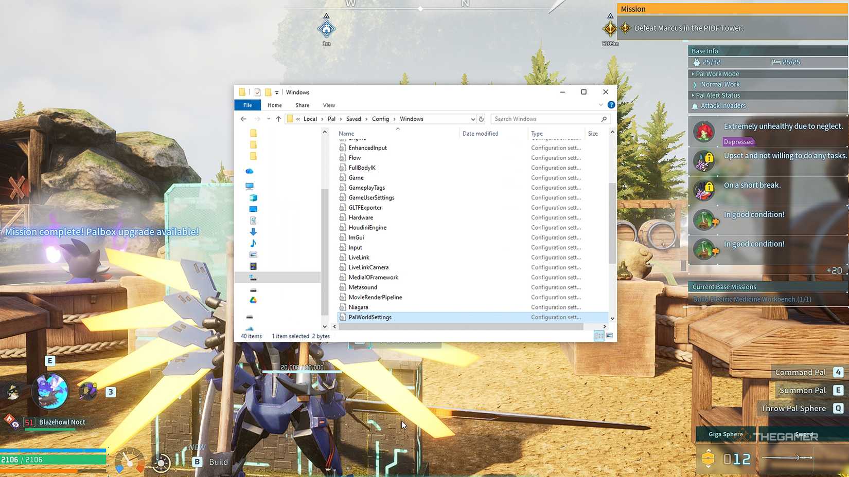 Palworld The Windows file manager tab opens over the screenshot of the Palworld base.
