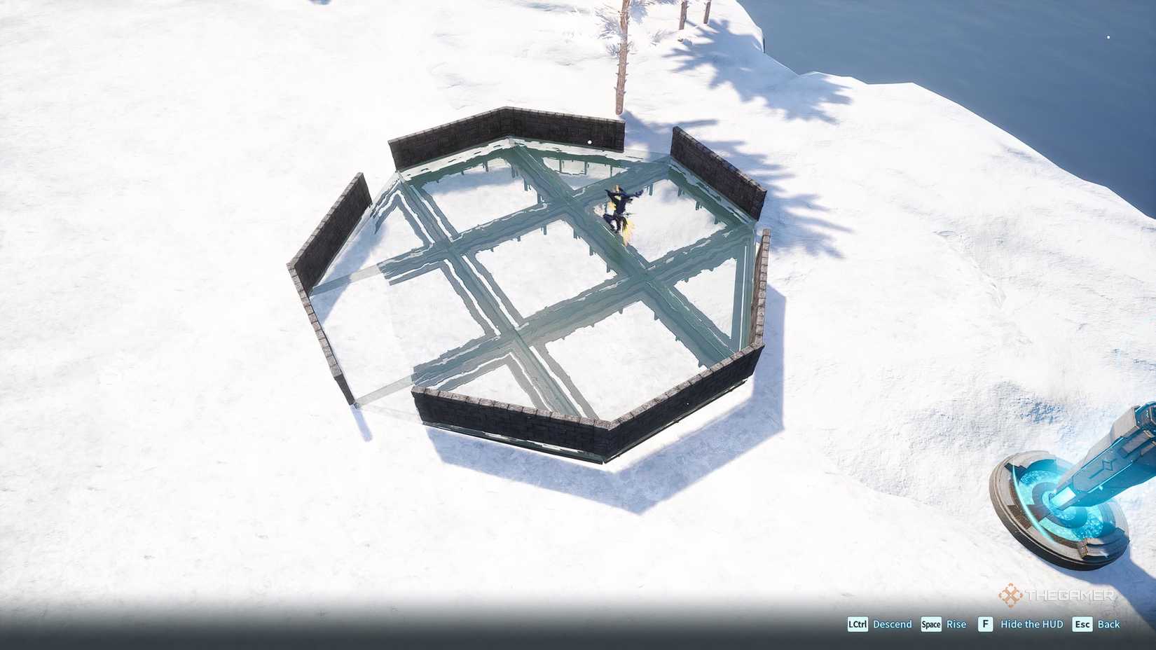 Palworld ice rink made of glass in the snow.