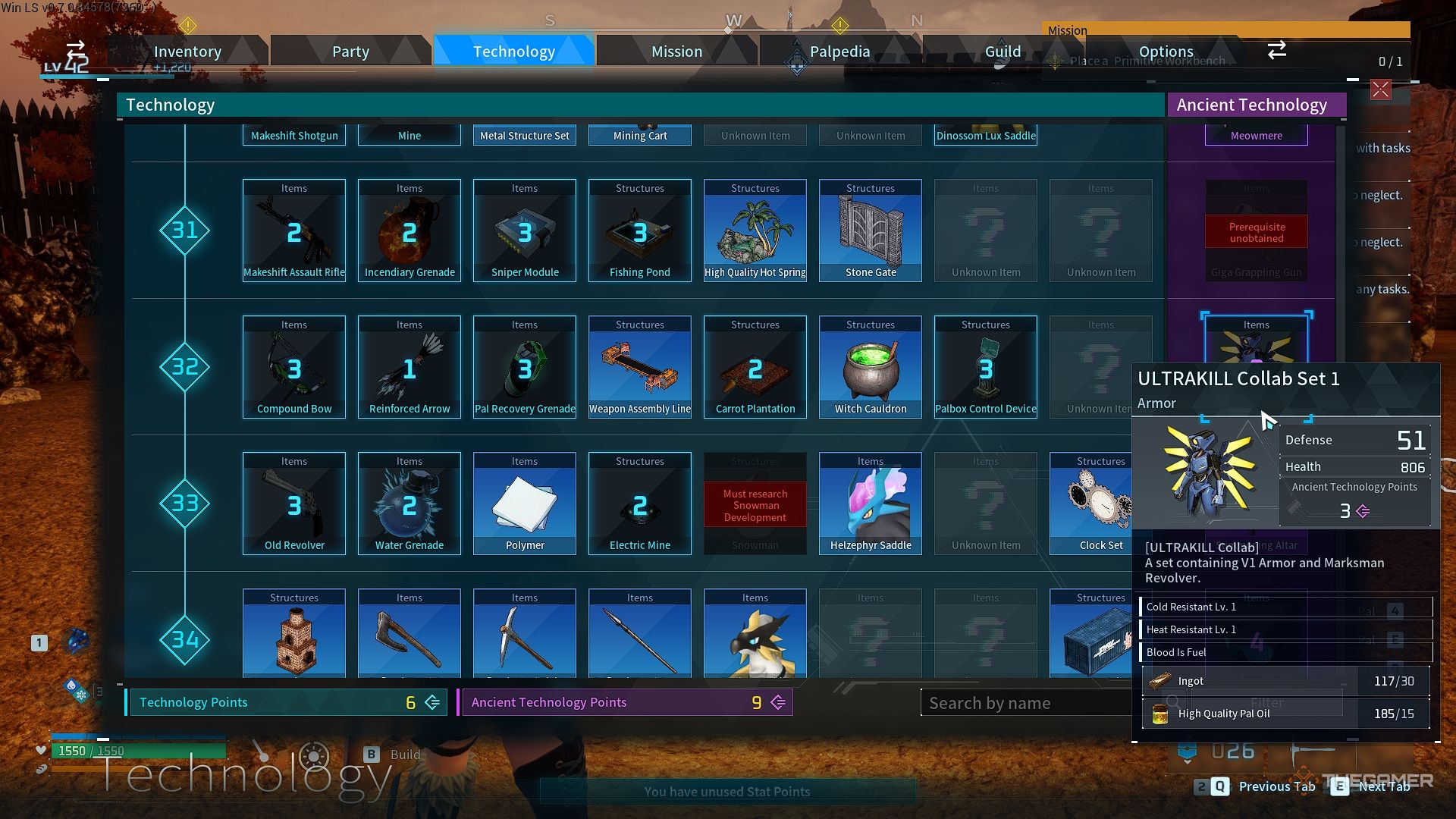 Palworld Unlocking the Ultrakill collab set at level 32.