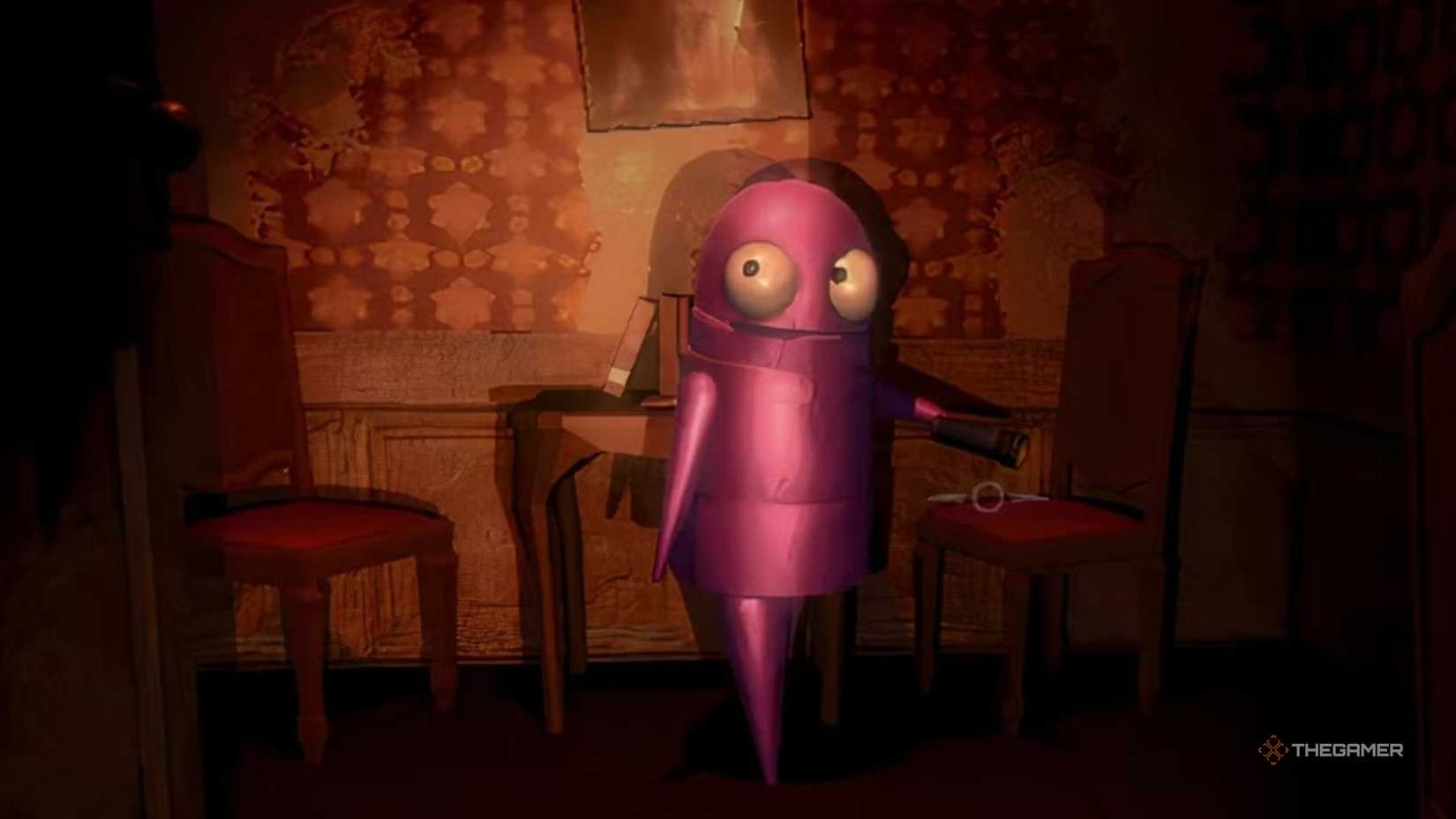 Pink Repo character with a flashlight.