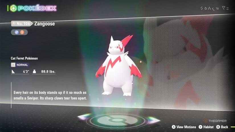 ورودی پوکدکس Zangoose در Pokemon Legends: ZA.