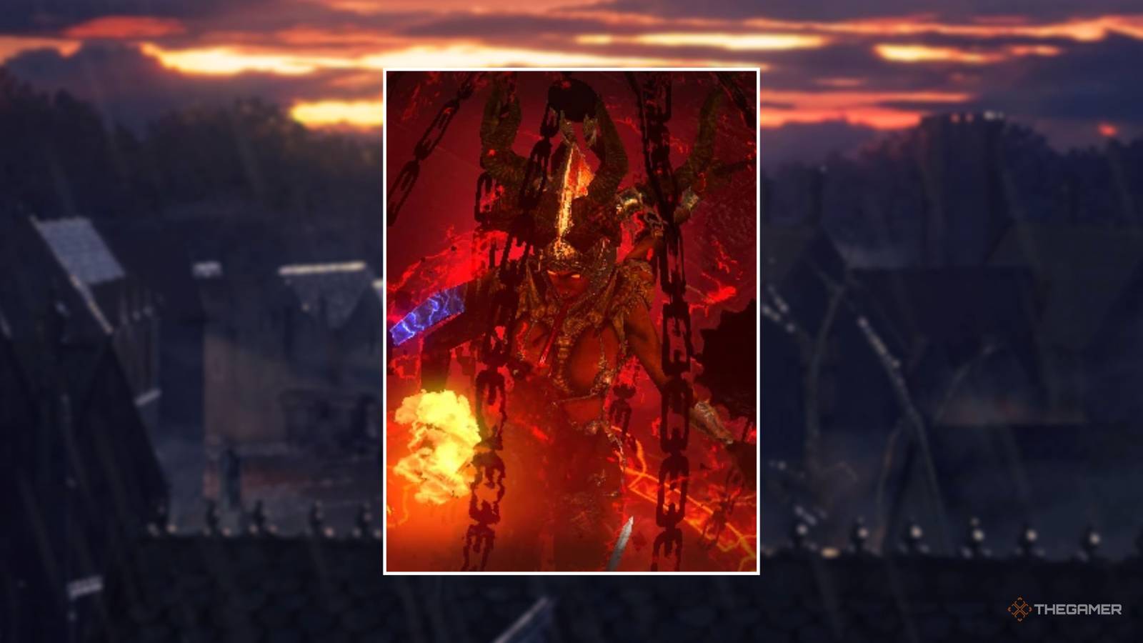 Queen Atziri of the Vaal in a frame in front of a blurred image of the start screen for Path of Exile 2 Last of the Druids.