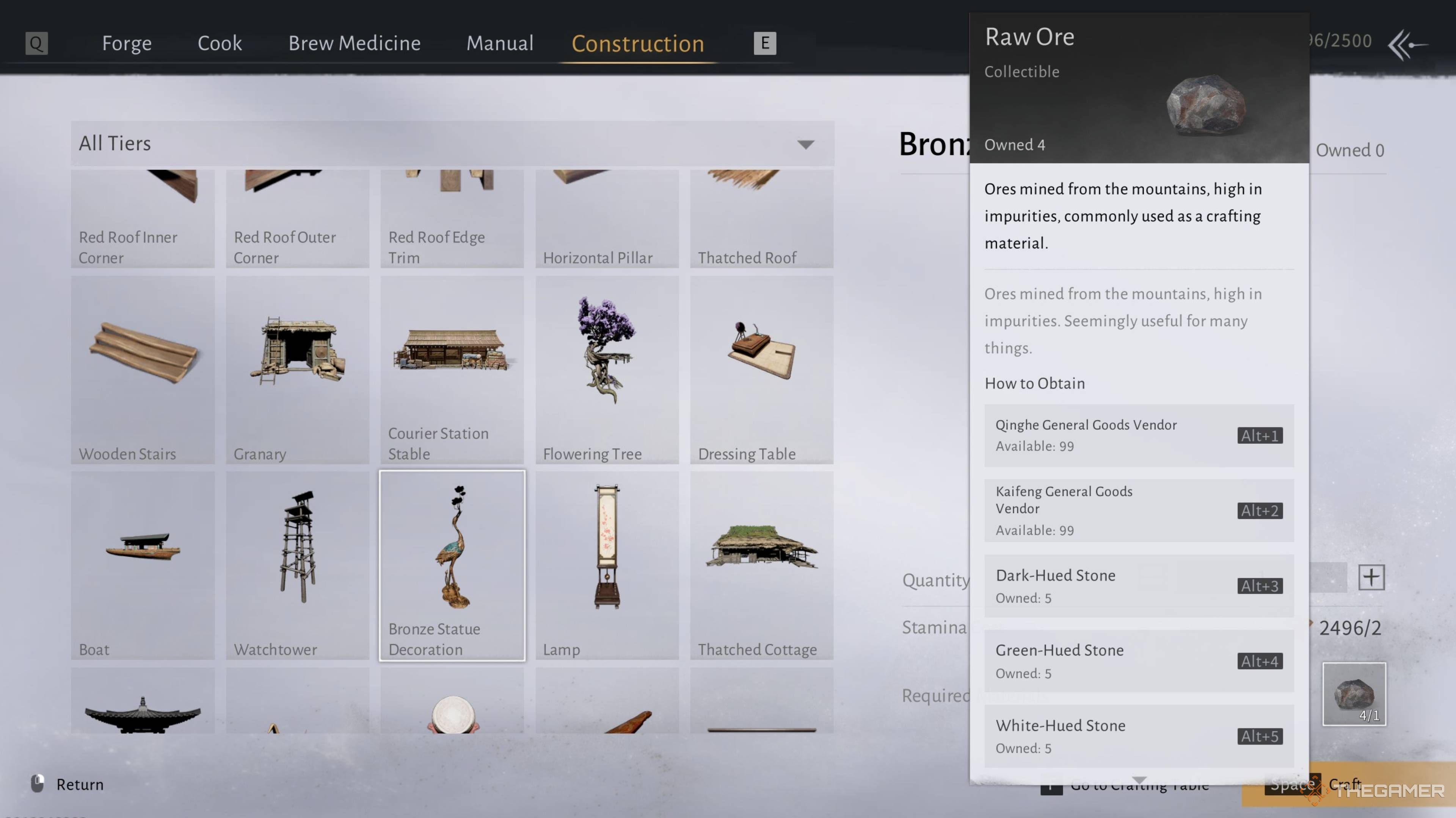 Raw ore and its locations shown in the construction menu in where winds meet.