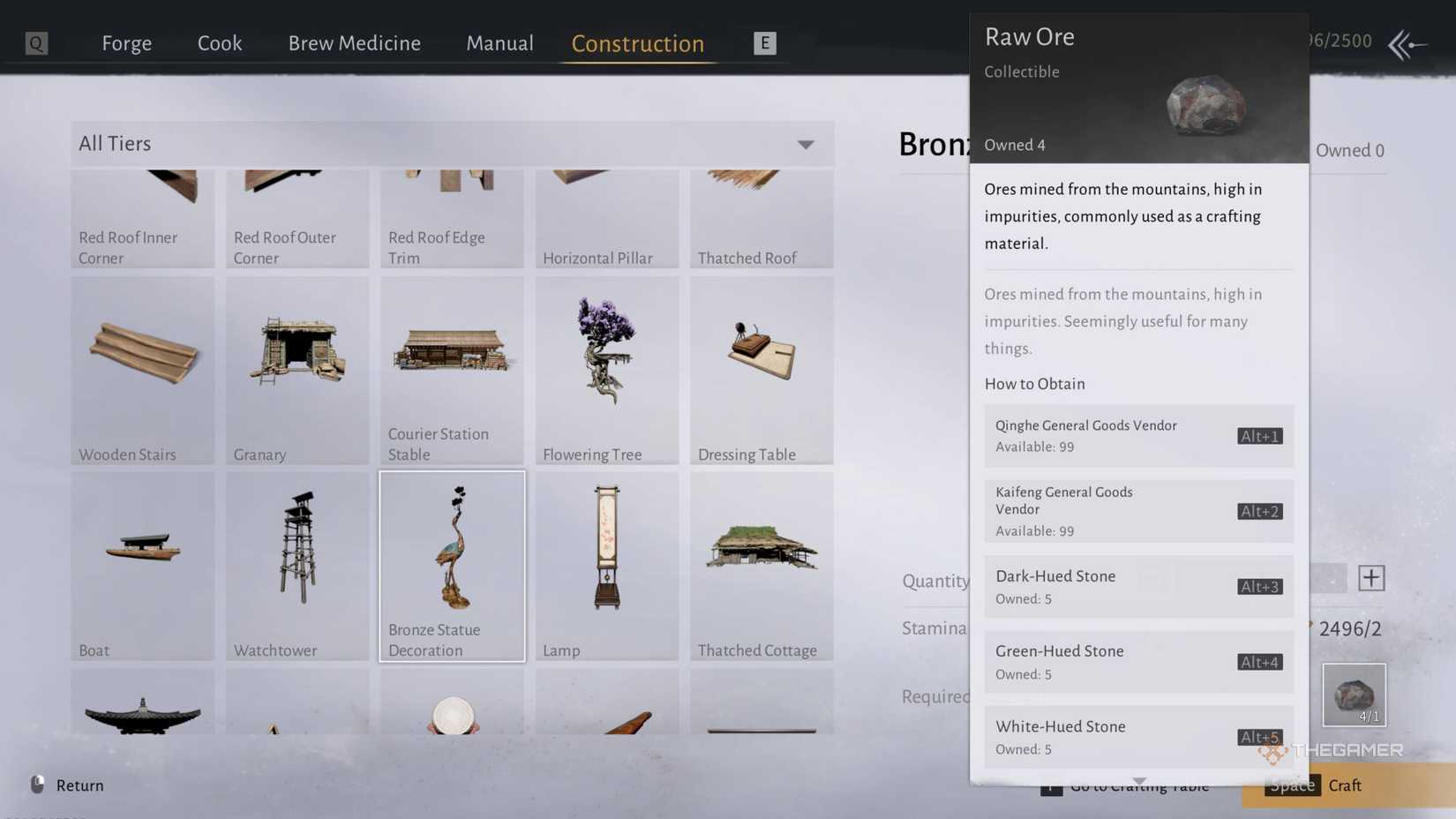 Raw ore and its location shown in the construction menu in places where the winds collide.