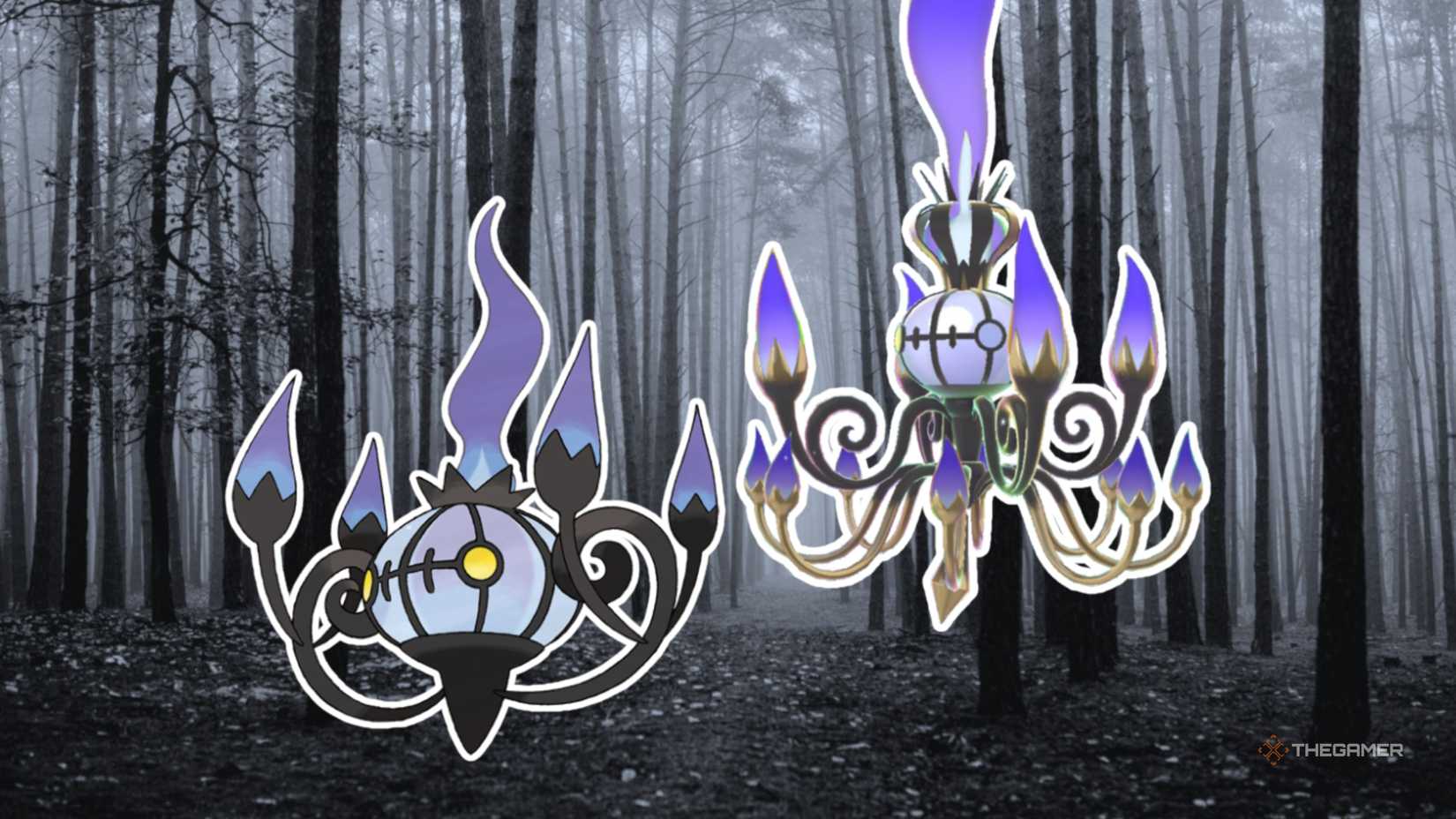 Regular and Mega Chandelure from Pokemon on an image of a dark forest.