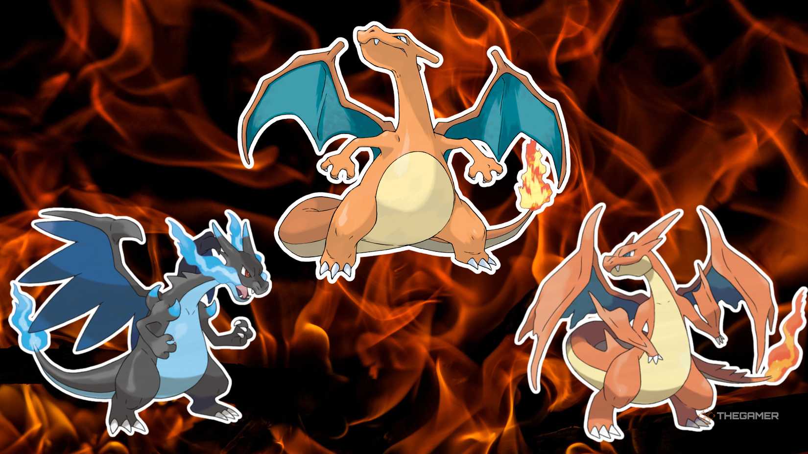 Regular and Mega Charizard from Pokemon on a fire background.