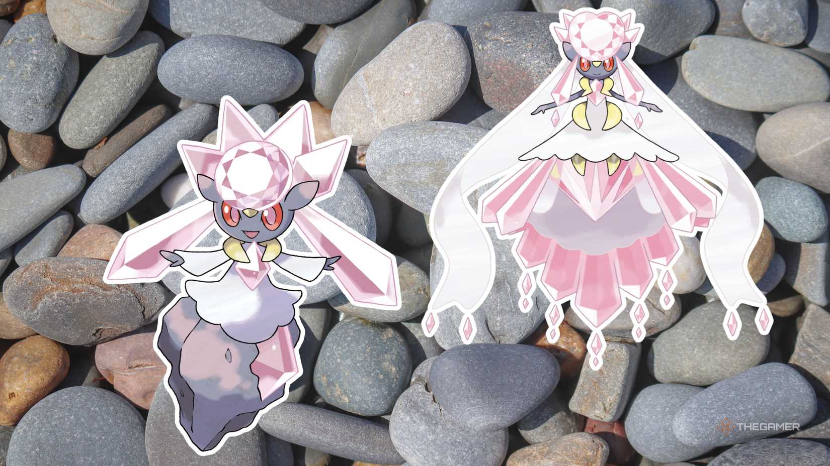 Regular and Mega Diancie from Pokemon on a rock background.