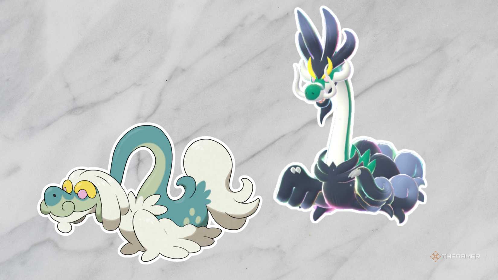 Regular and Mega Drampa from Pokemon on a white and gray background.