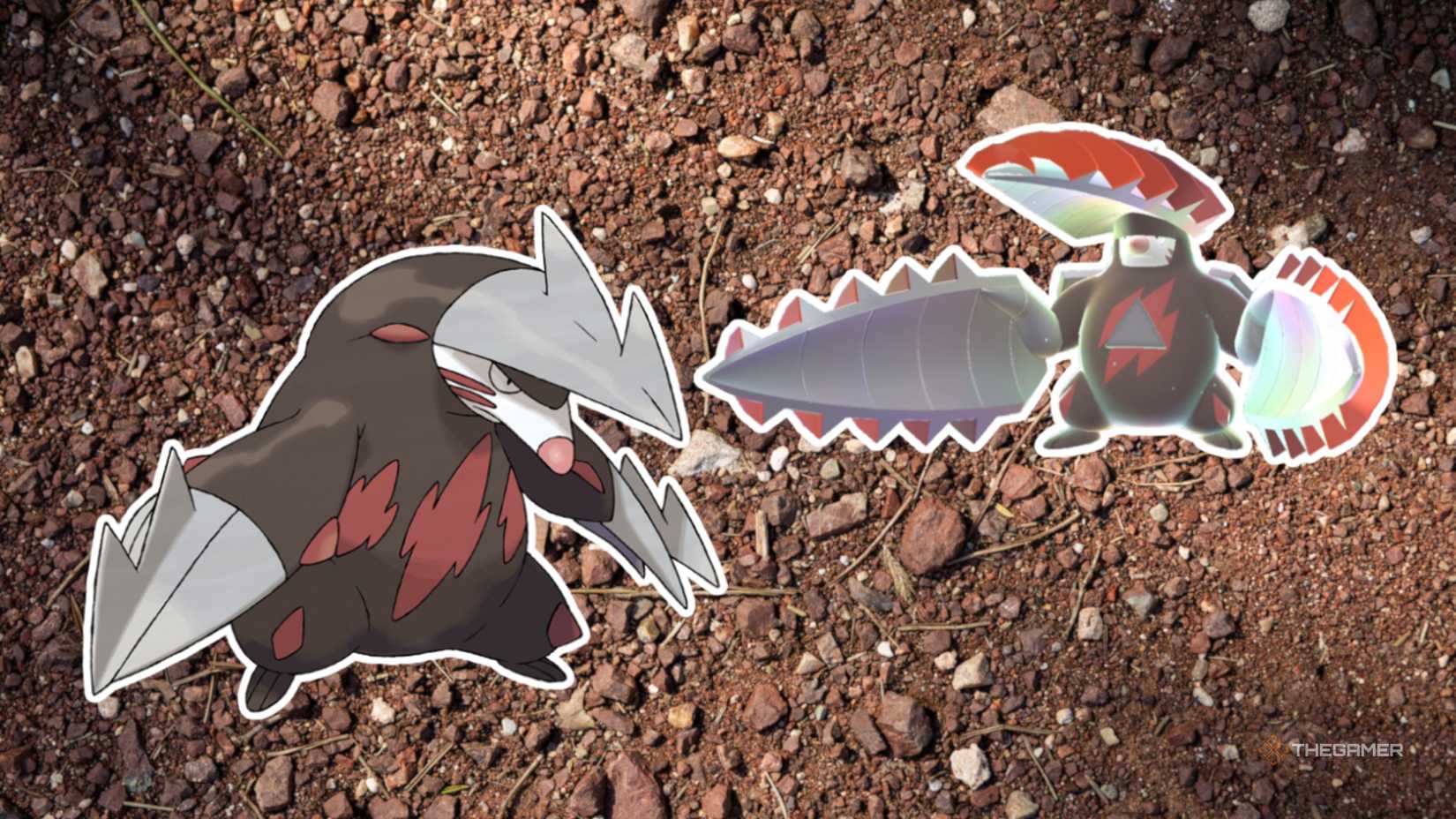 Regular and Mega Excadrill from Pokemon on an earthy dirt background.